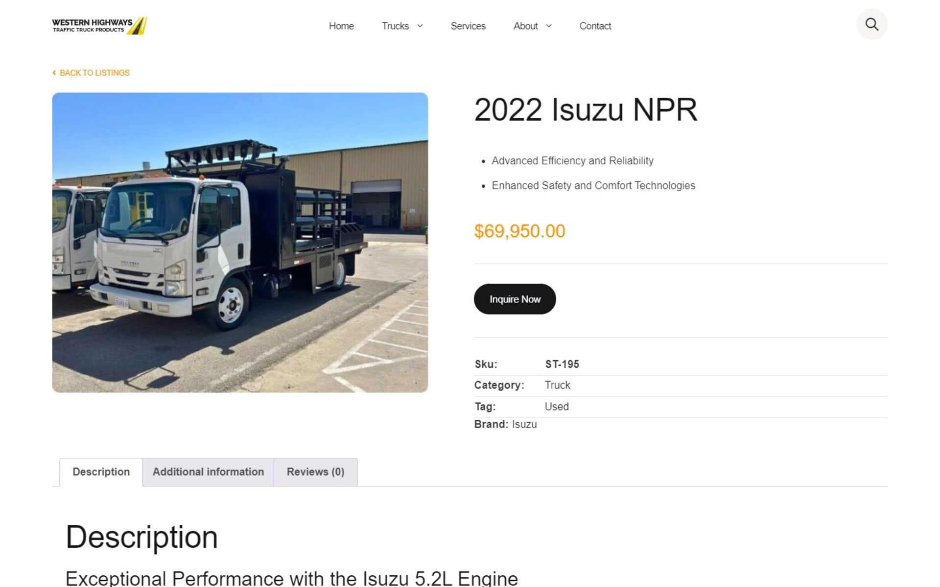 TMA truck inventory site for Western Highways at tmacrashtrucks.com, Truck page for a 2022 Isuzu NPR: price, Inquire Now, stock number, tag and brand