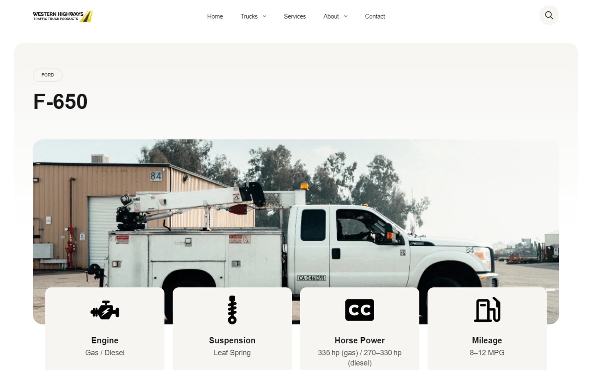 TMA truck inventory site for Western Highways at tmacrashtrucks.com, Model page for the Ford F-650: engine, suspension, horsepower and mileage cards under the photo