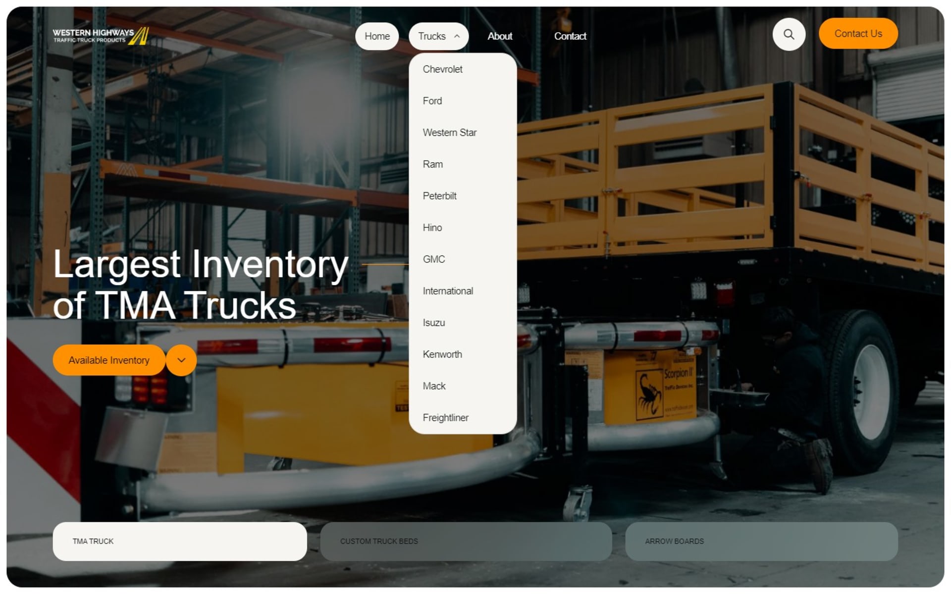 TMA truck inventory site for Western Highways at tmacrashtrucks.com, Trucks menu: a page for each of 12 truck makes, from Chevrolet to Freightliner