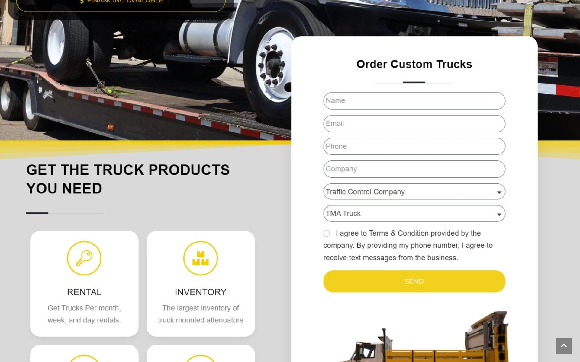 Truck catalog site for Western Highways Traffic Safety in California, Order Custom Trucks form on the homepage, with business type and product dropdowns, beside the rental and inventory cards
