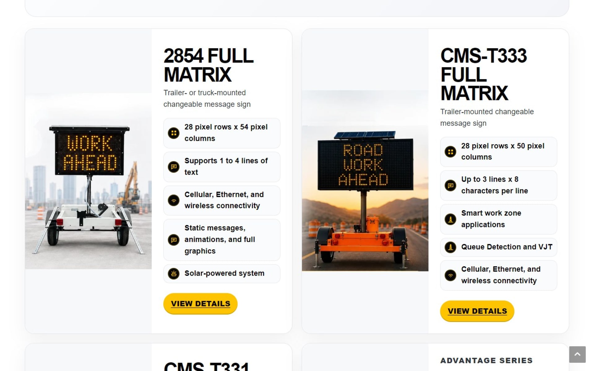 Truck catalog site for Western Highways Traffic Safety in California, Message boards page: American Signal sign models with specs and View Details buttons