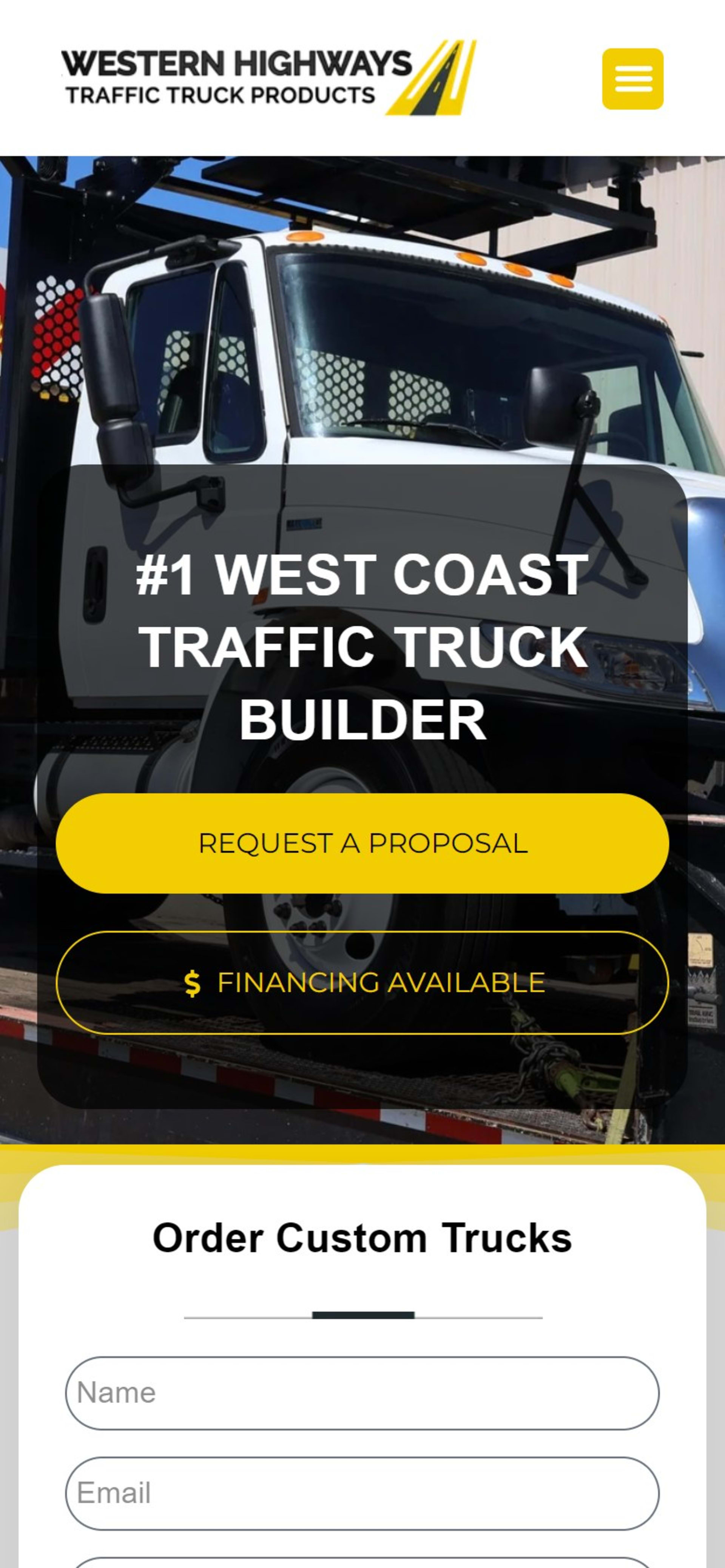 Truck catalog site for Western Highways Traffic Safety in California, On a phone: the headline, both buttons and the start of the quote form