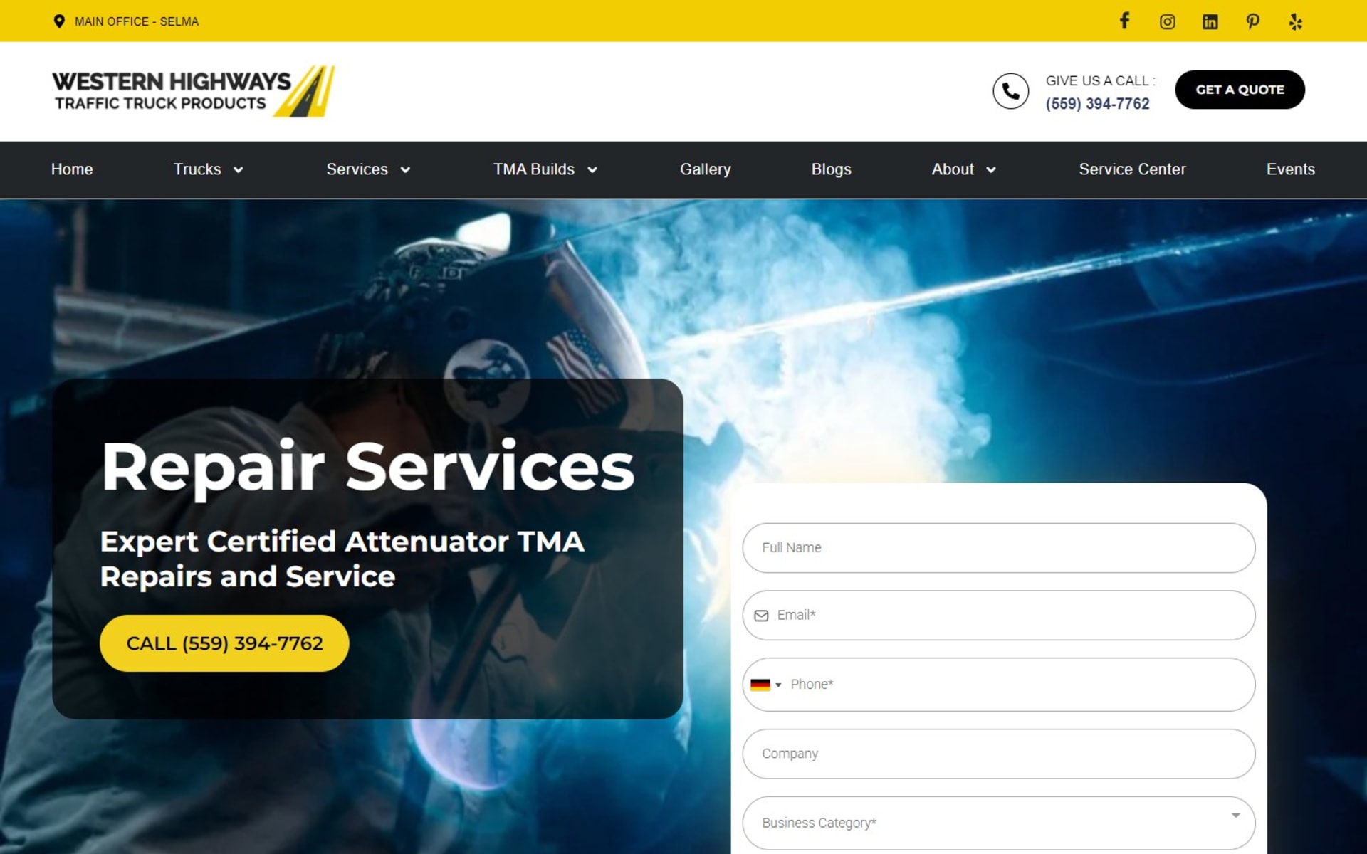 Truck catalog site for Western Highways Traffic Safety in California, Repair Services page: a call button and a service request form over the hero