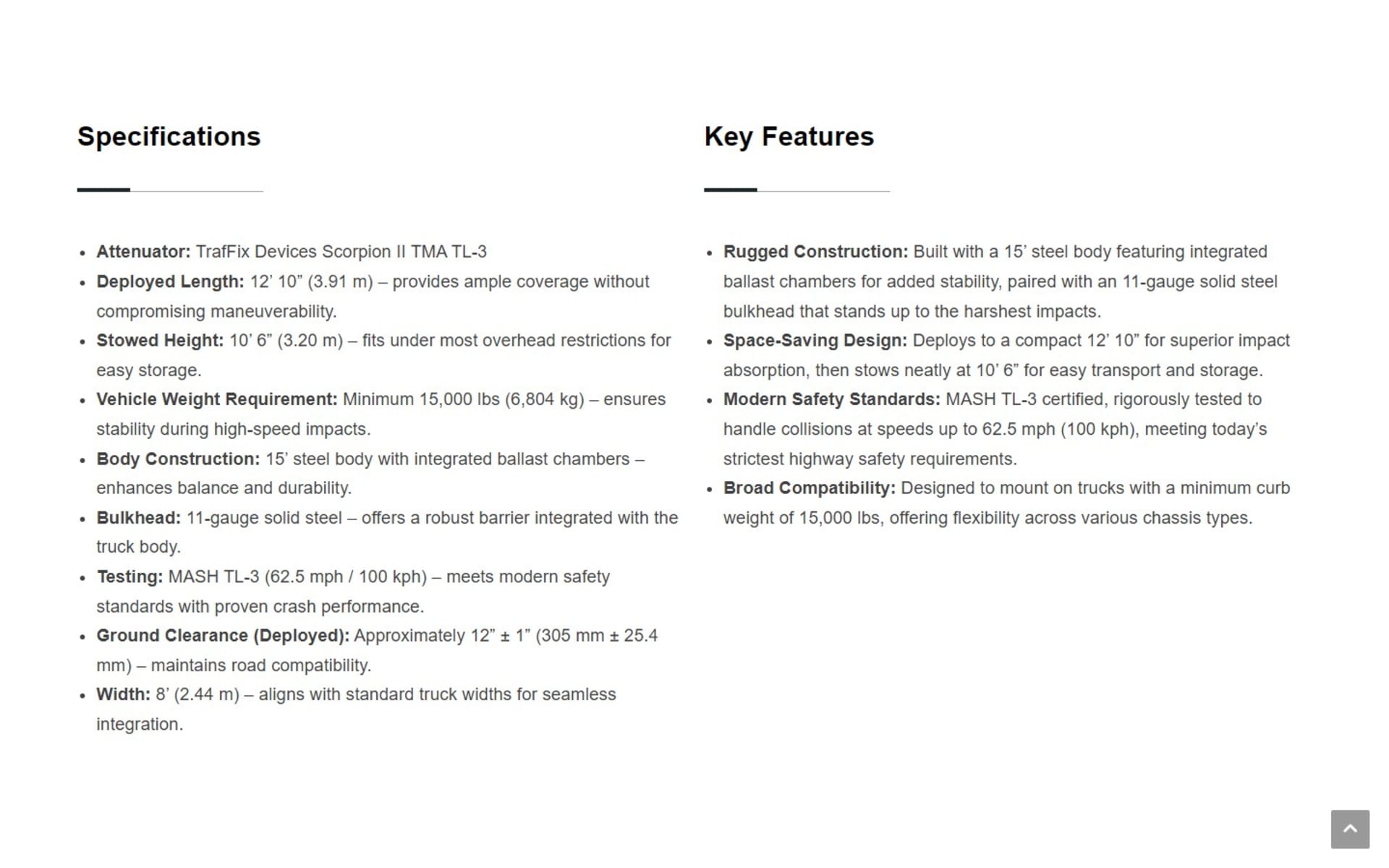 Truck catalog site for Western Highways Traffic Safety in California, TMA Pro build page: specifications and key features of its Scorpion II TL-3 attenuator