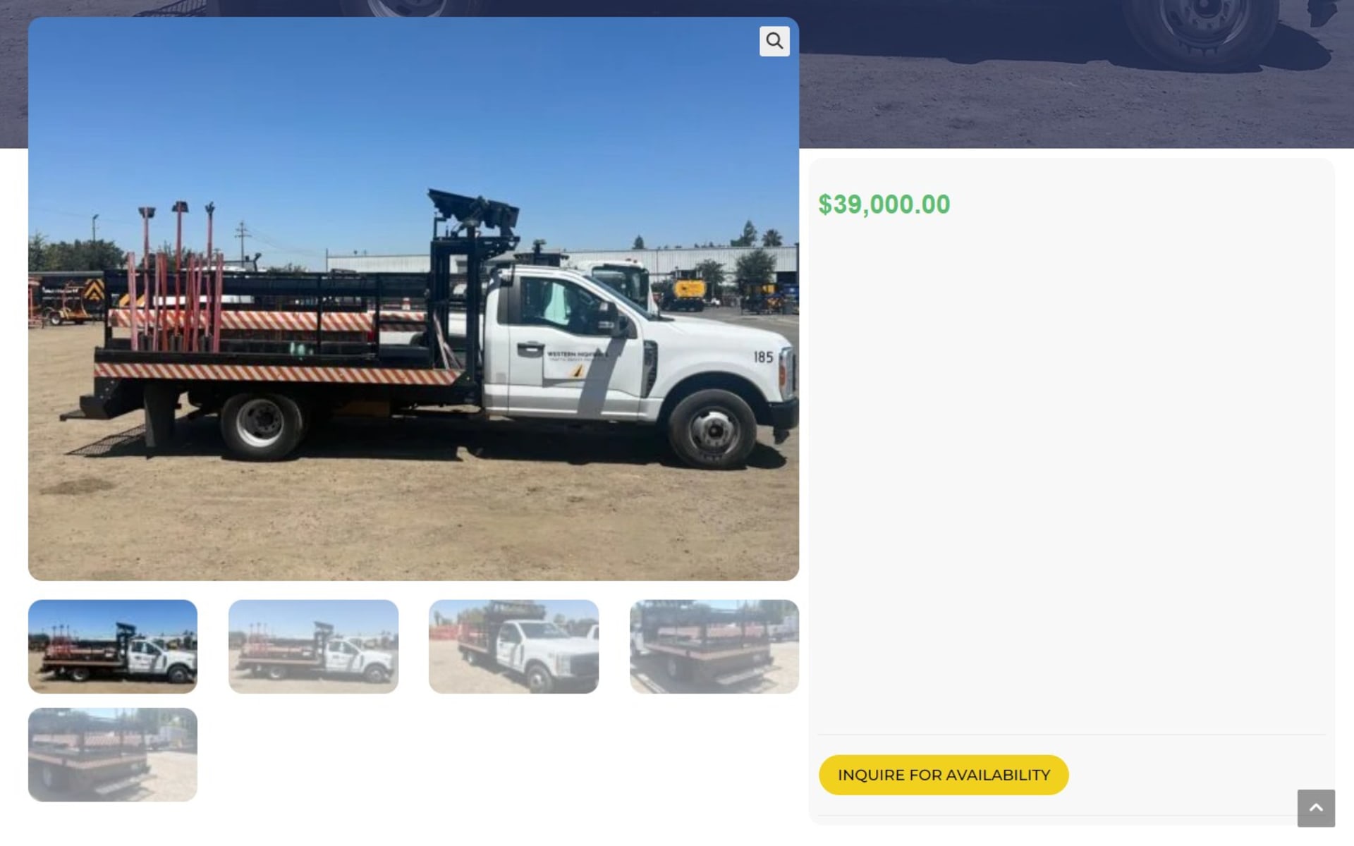 Truck catalog site for Western Highways Traffic Safety in California, Truck listing: a 2023 Ford F-350 photo gallery, price and an Inquire for Availability button