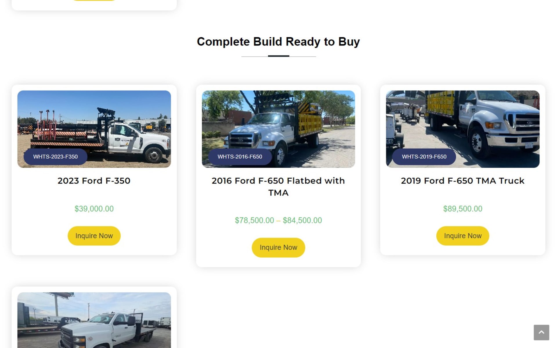 Truck catalog site for Western Highways Traffic Safety in California, Trucks for Sale page: complete builds with stock codes, prices and Inquire Now buttons