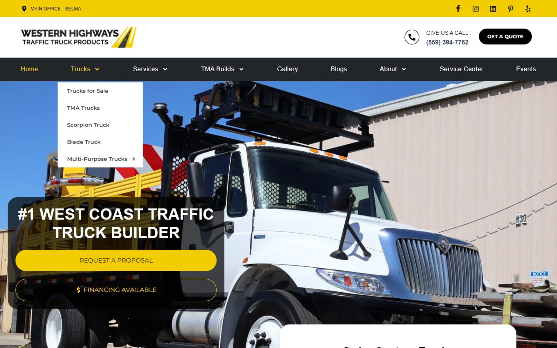Truck catalog site for Western Highways Traffic Safety in California, Trucks menu: trucks for sale, TMA, Scorpion and Blade trucks, and a Multi-Purpose Trucks submenu