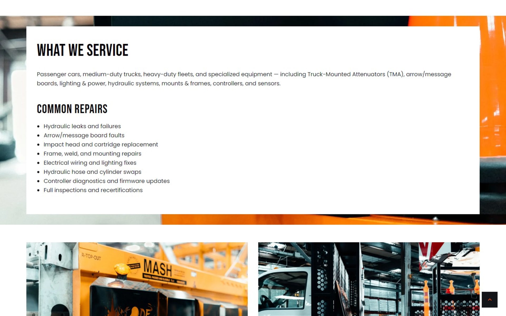 Repair shop website for Western Highways Service Centers, Fresno, What We Service: equipment types and a list of common TMA and fleet repairs