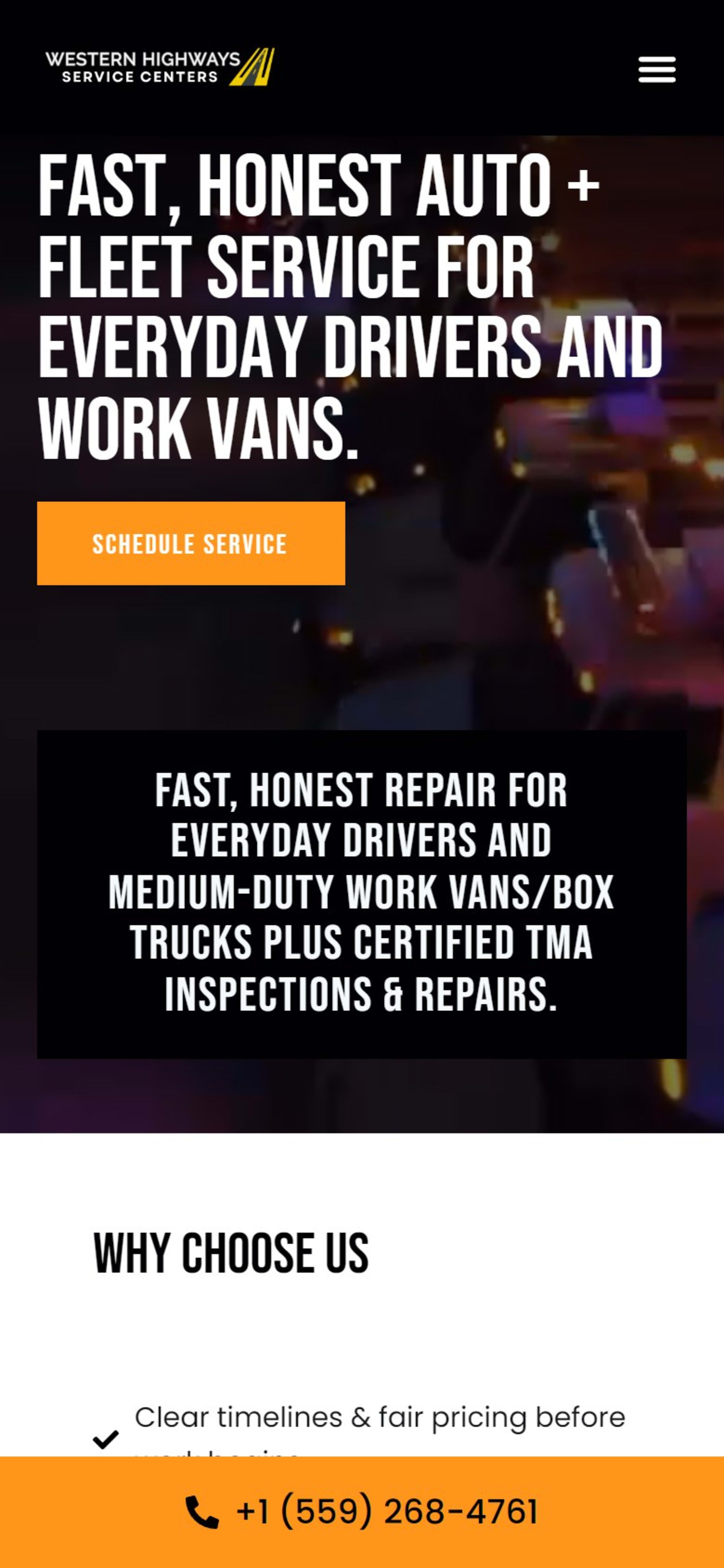 Repair shop website for Western Highways Service Centers, Fresno, On a phone: the headline, the Schedule Service button and a sticky call bar