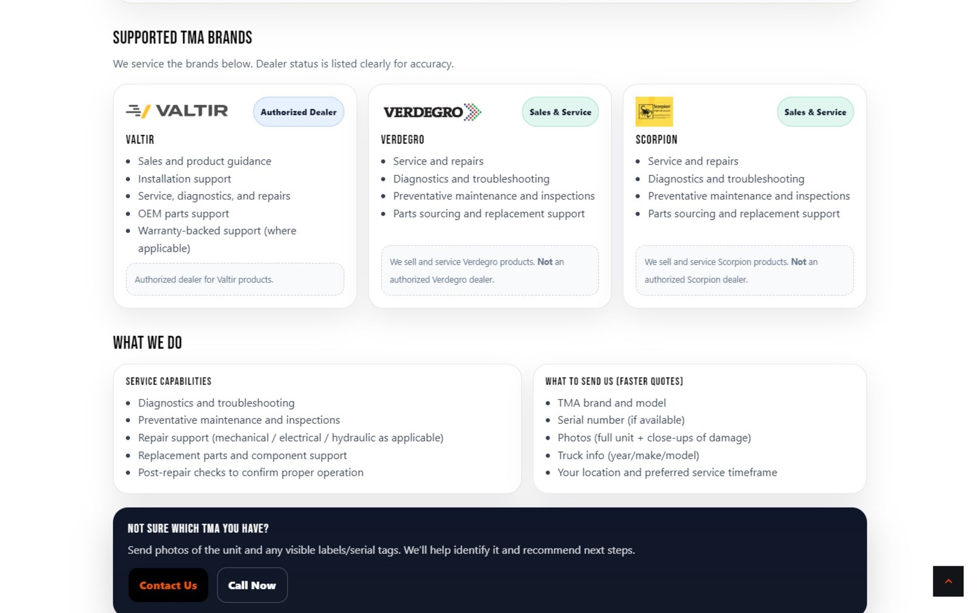 Repair shop website for Western Highways Service Centers, Fresno, Supported TMA brands: Valtir as an authorized dealer, Verdegro and Scorpion with their dealer status spelled out