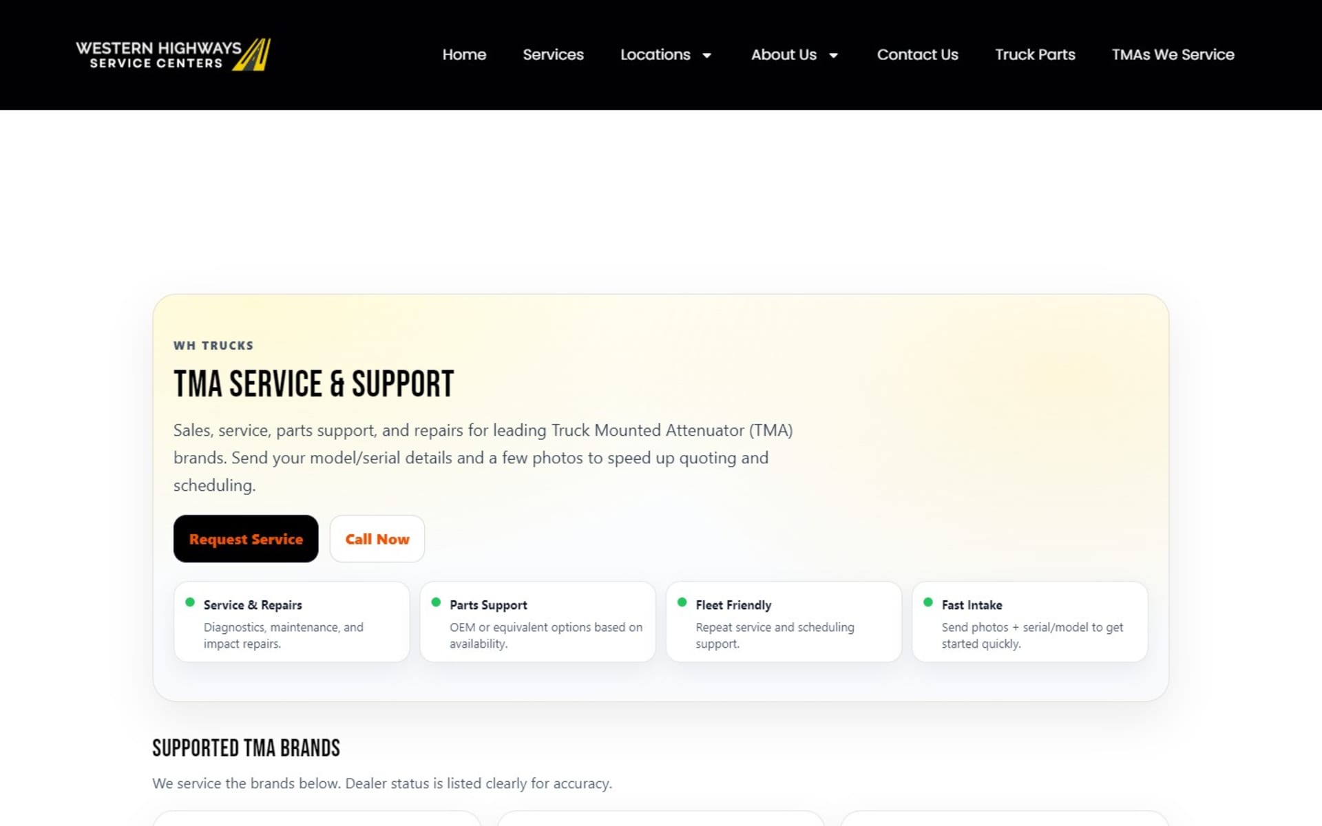 Repair shop website for Western Highways Service Centers, Fresno, TMAs We Service page: Request Service and Call Now buttons above four service promises