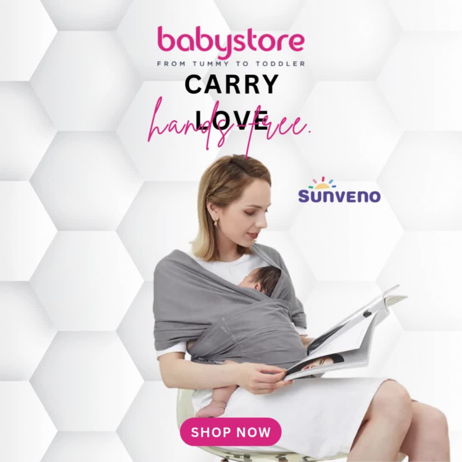 Summer to back-to-school social campaigns for BabyStore (2025) — Animated post — Sunveno baby carrier, “Carry love, hands-free”