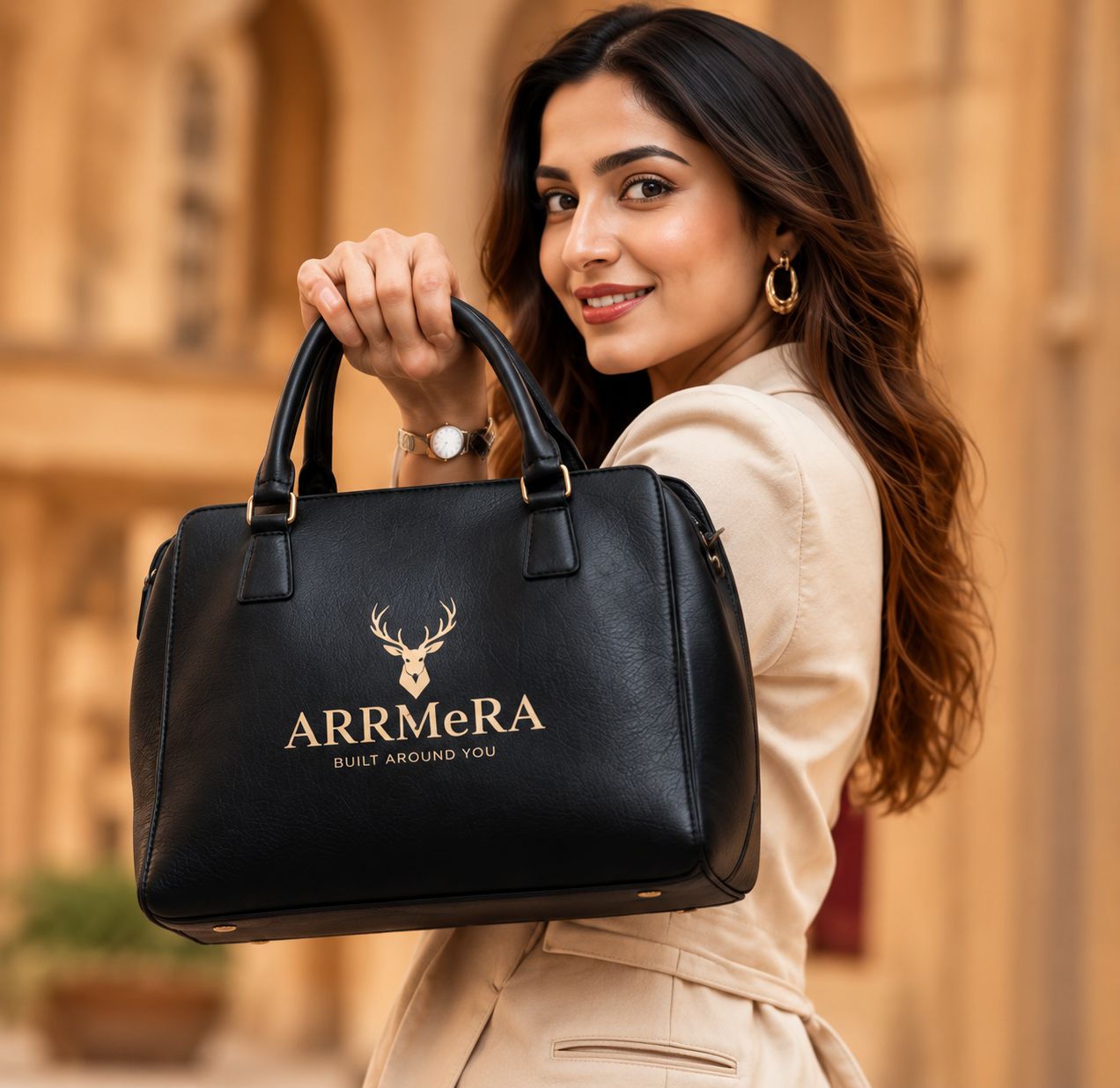 ARRMERA lifestyle - woman carrying a black ARRMERA handbag