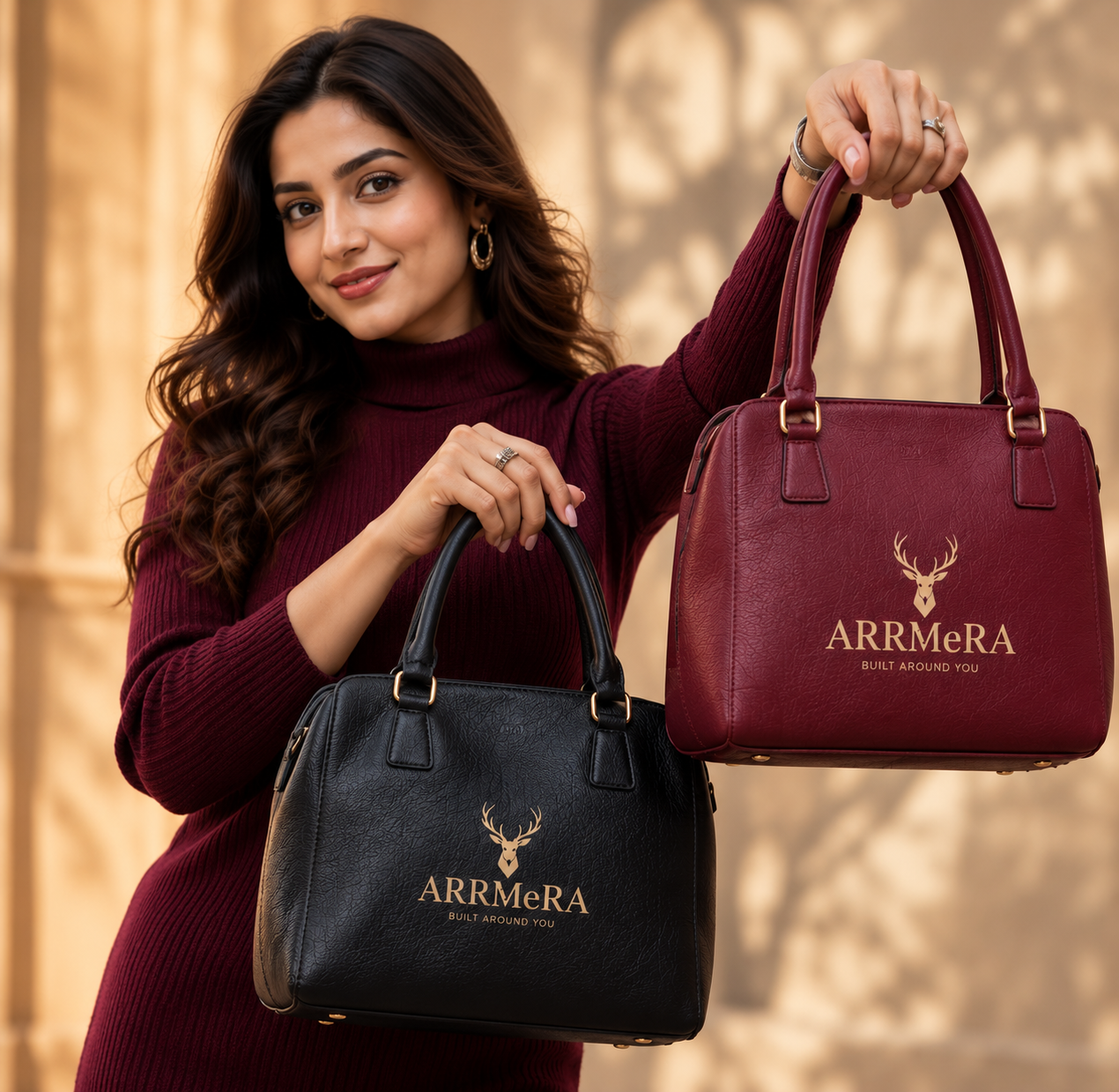 ARRMERA lifestyle - woman carrying black and burgundy ARRMERA handbags