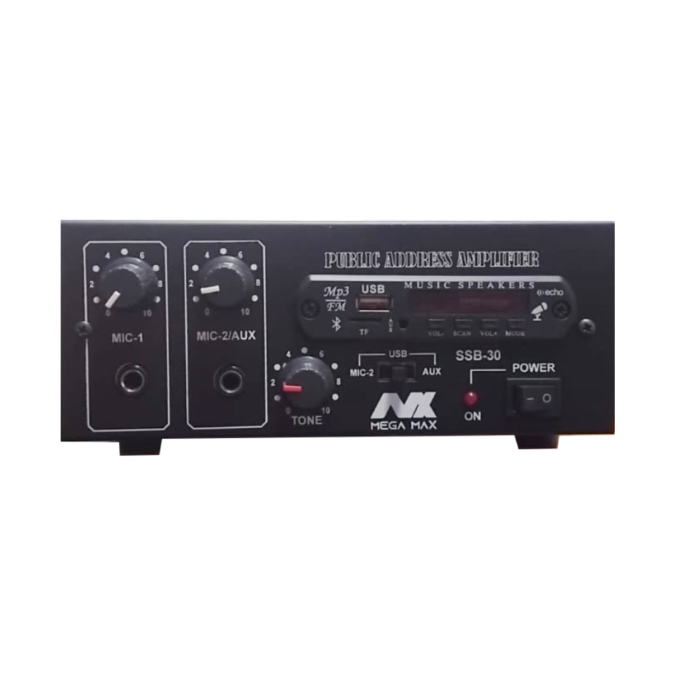 Mega Max Pa Amplifier SSB-30D – Power : 220-240V AC / 12V DC, with Bluetooth & USB