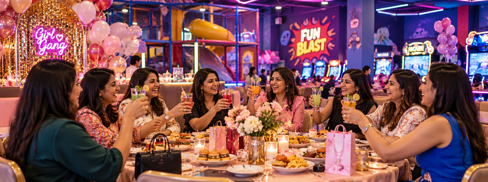 Friends gathered in the FunBlast lounge