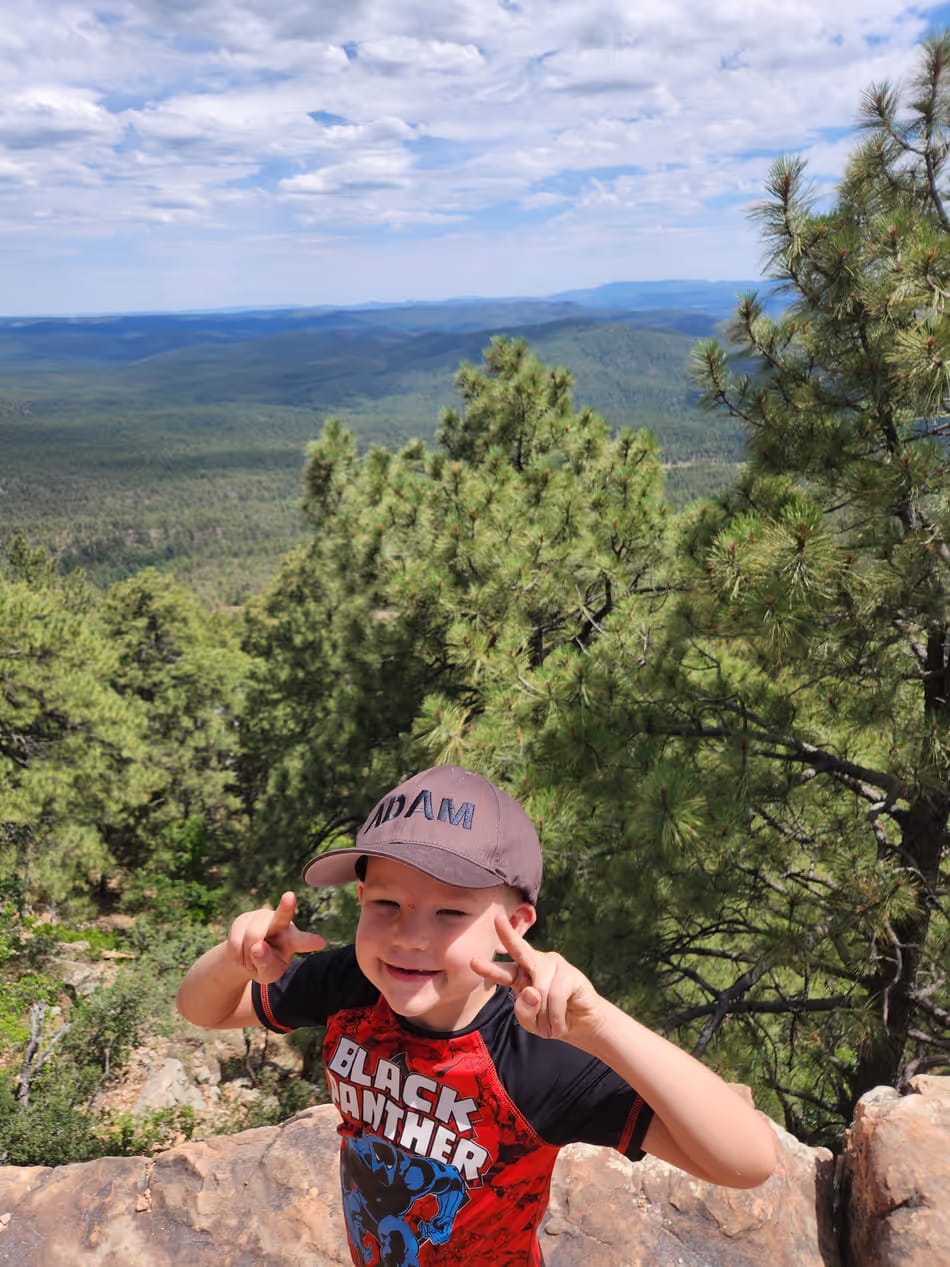 Family looking across the forest from a Mogollon Rim viewpoint