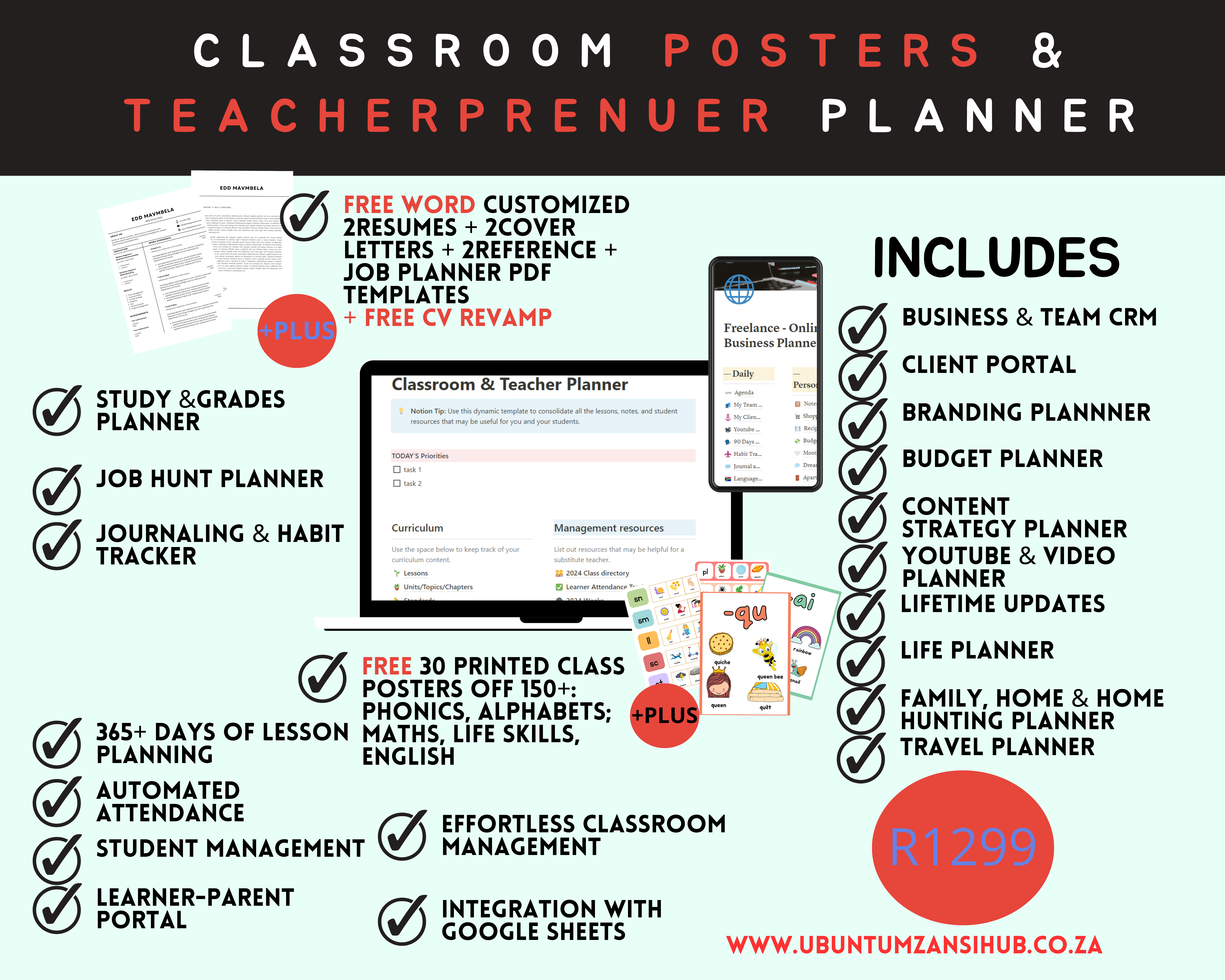 All-in-One Teacher Bundle – the Teacher planner + Business Planner + Content Planner + Resume Templates + 30 FREE Printed Posters from 150 Posters 