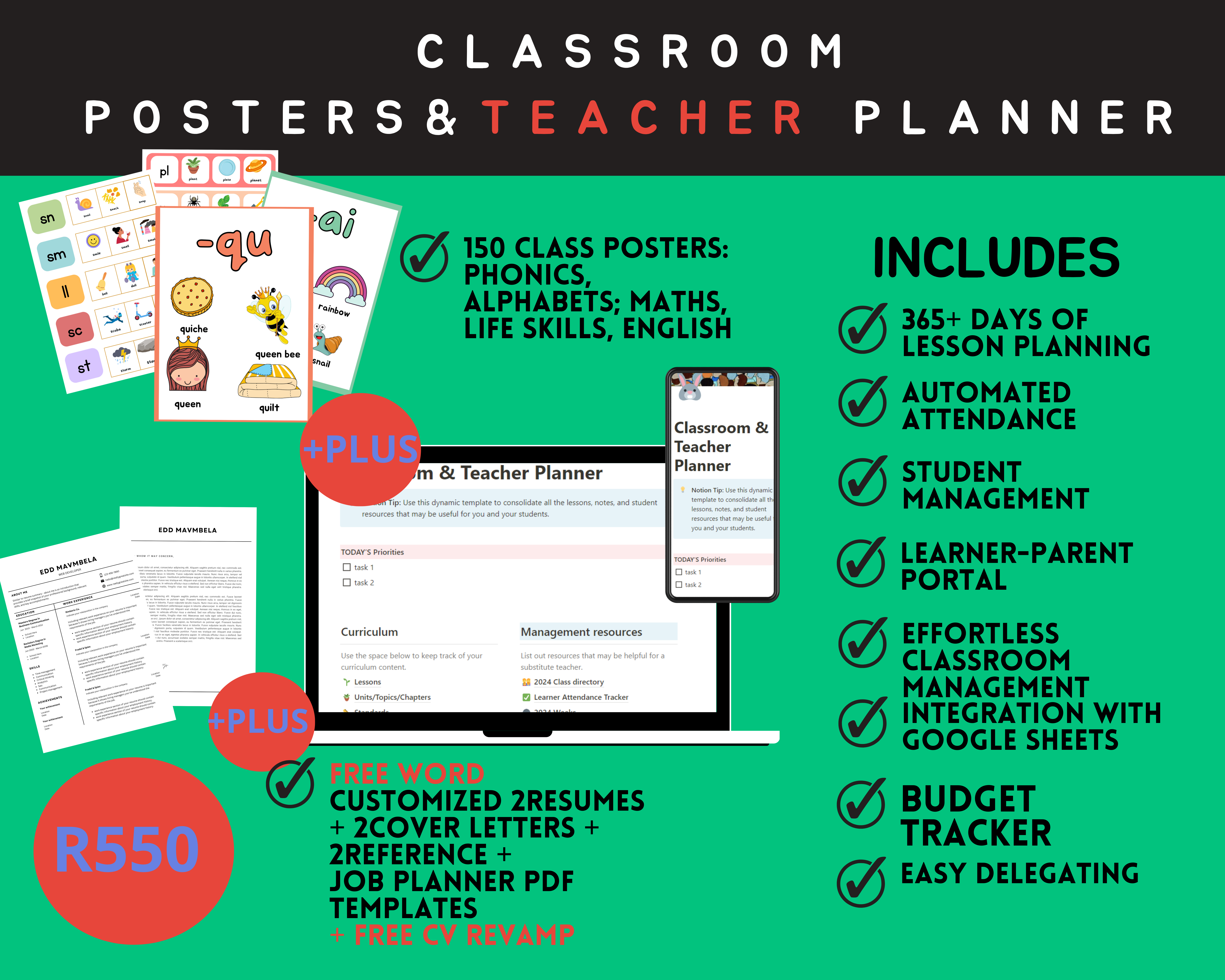 The Teacher Planner + Resume Templates + 150 Posters 