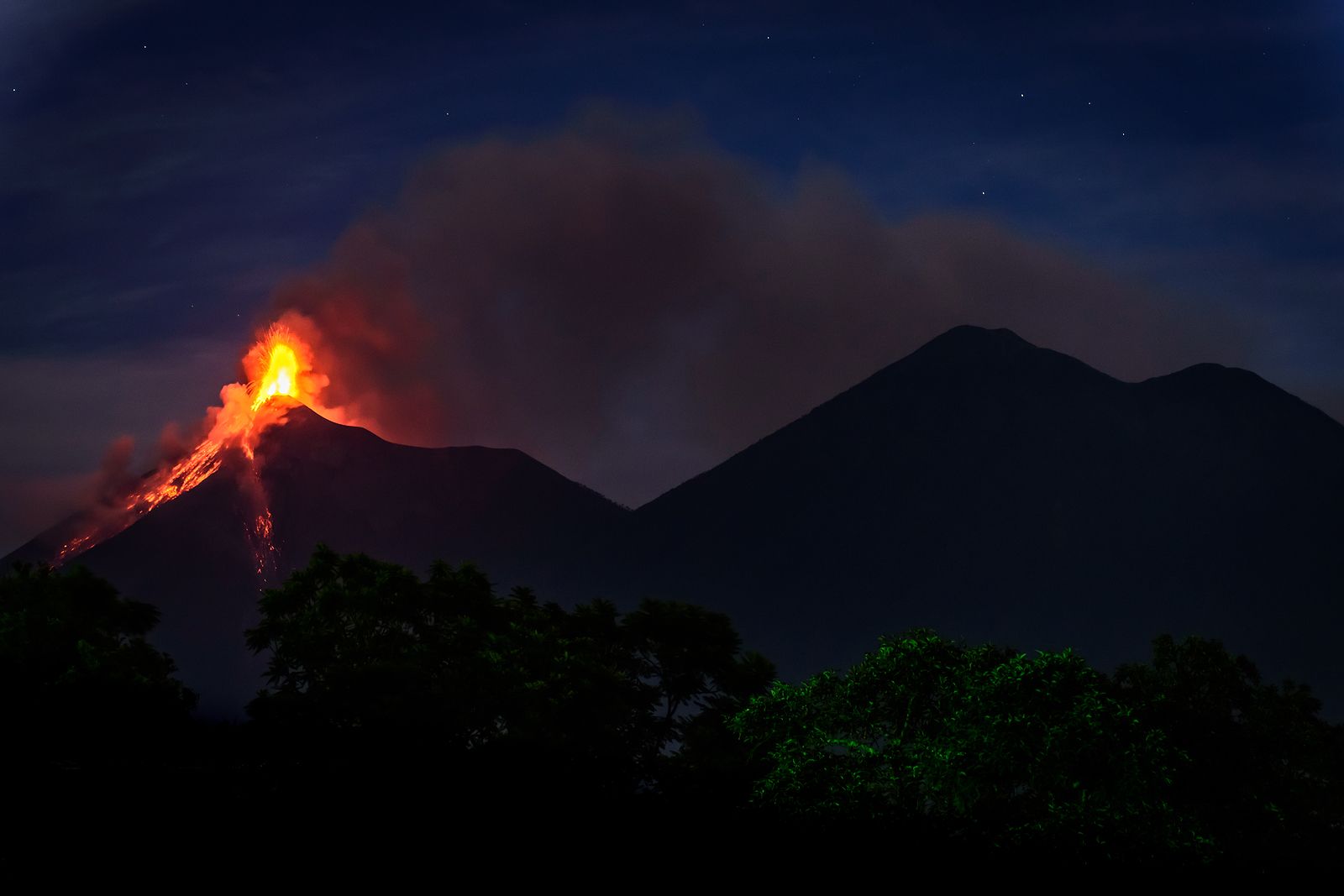 Basecamp at Acatenango Volcano with a view of Fuego Volcano