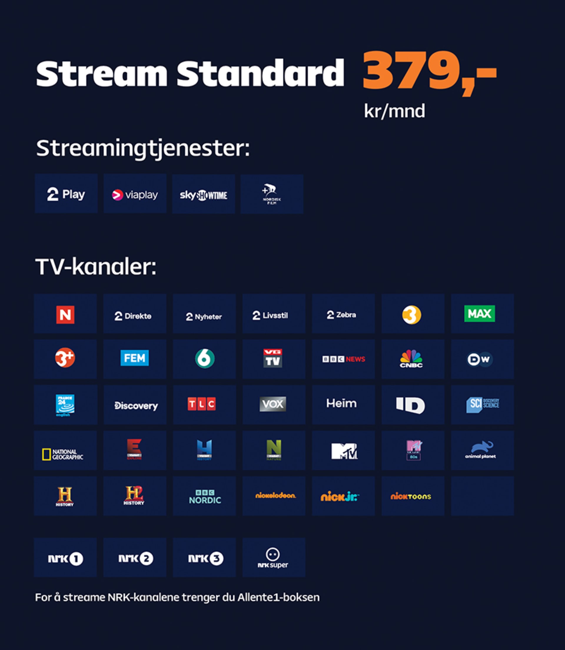 Kanaloversikt for TV-pakken Stream Standard fra Allente.