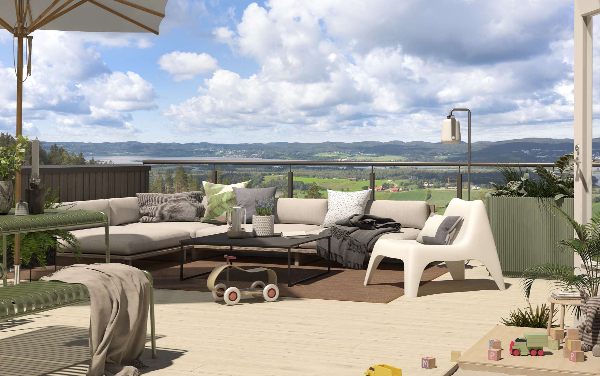 Illustrasjon av en møblert takterrasse med to sofaer, stoler og bord og utsikt over grønne sletter