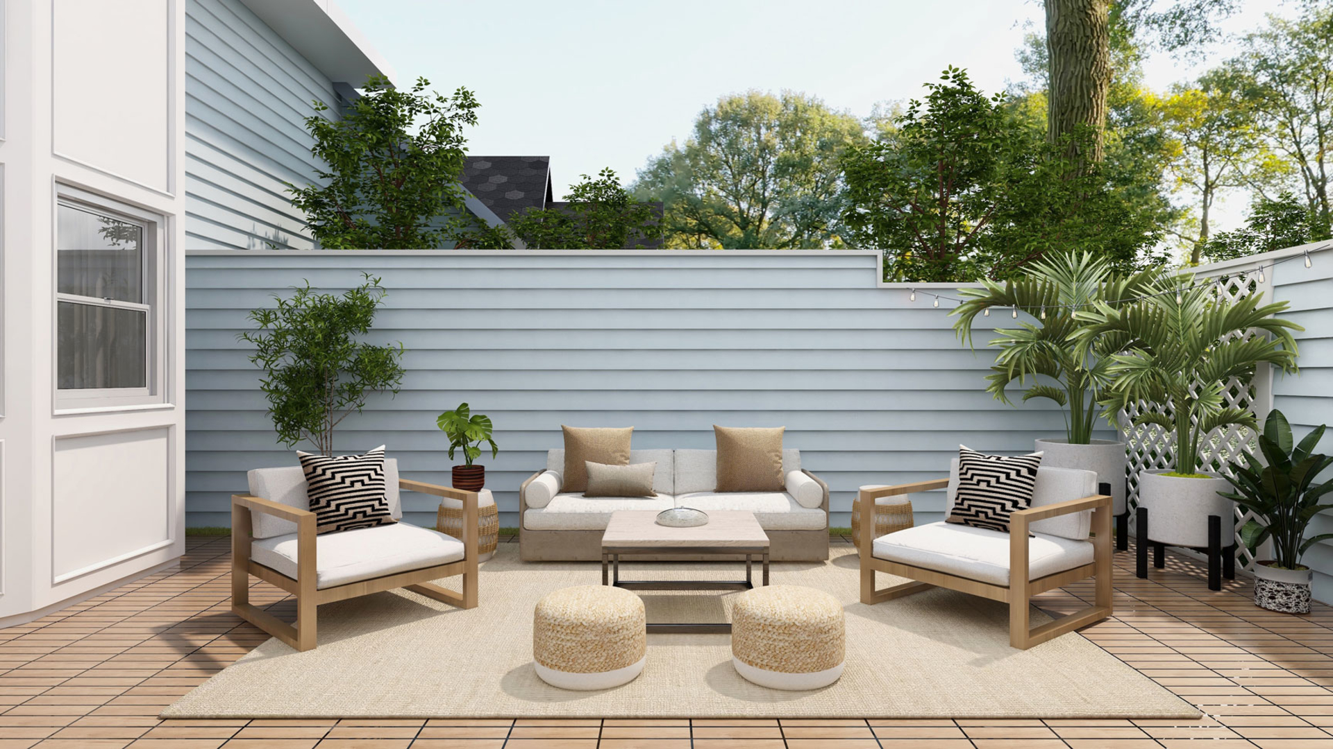 Illustrasjon av en terrasse med balkongmøbler, teppe og grønne planter