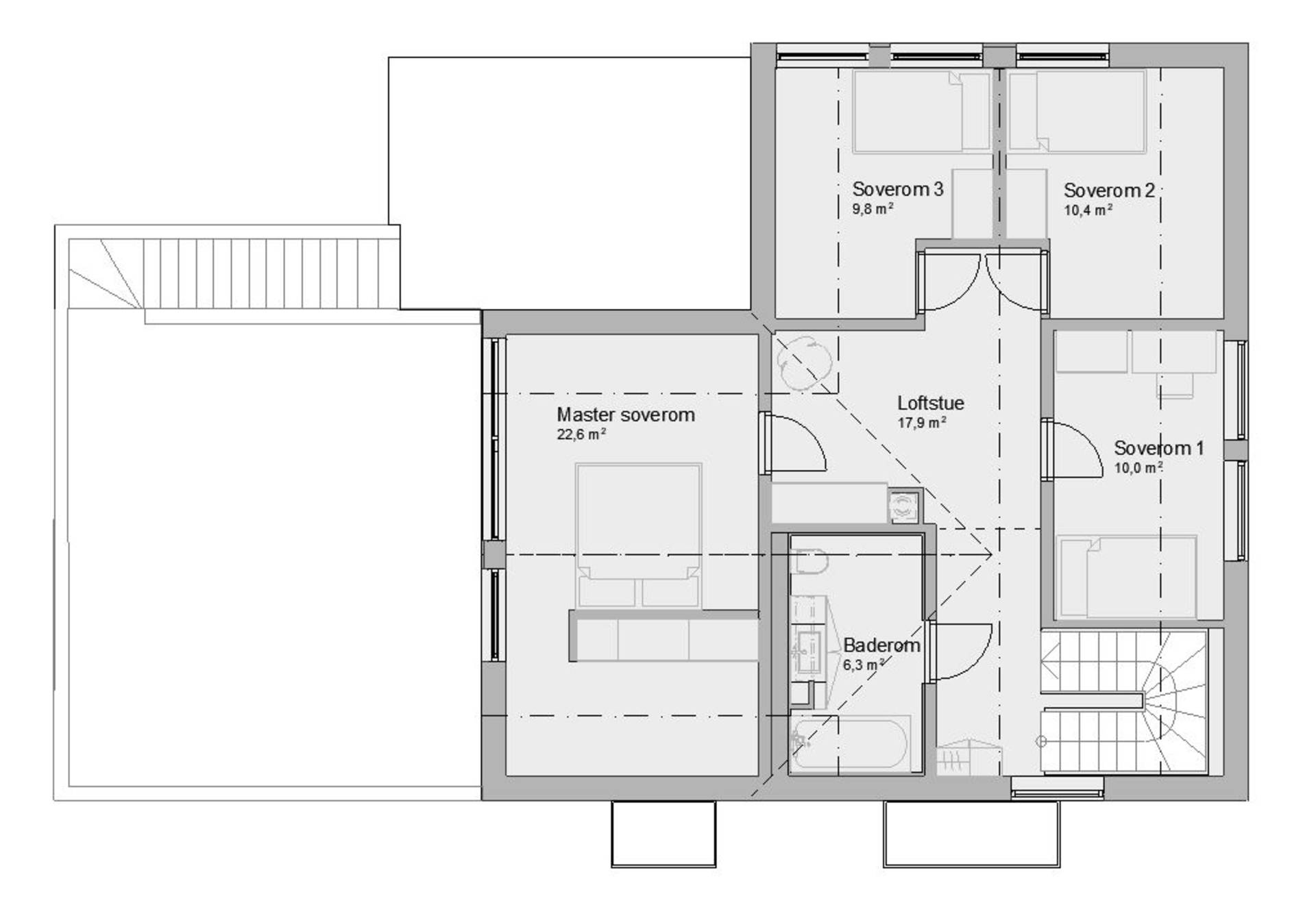 Plantegning av 3. etasje i enebolig bygget av OBOS Block Watne Eneboliger på Høvik, Bærum