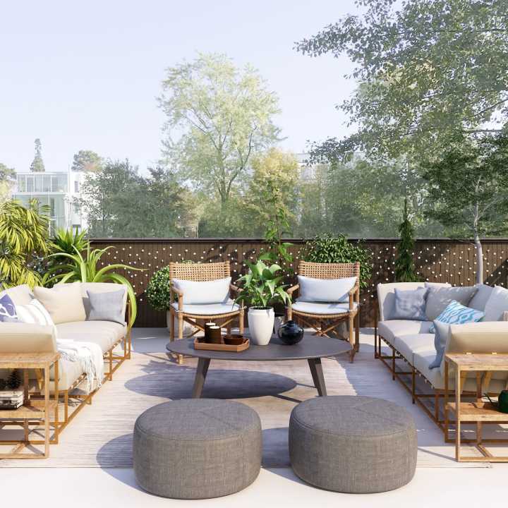 Illustrasjon av en møblert takterrasse med to sofaer, stoler og bord