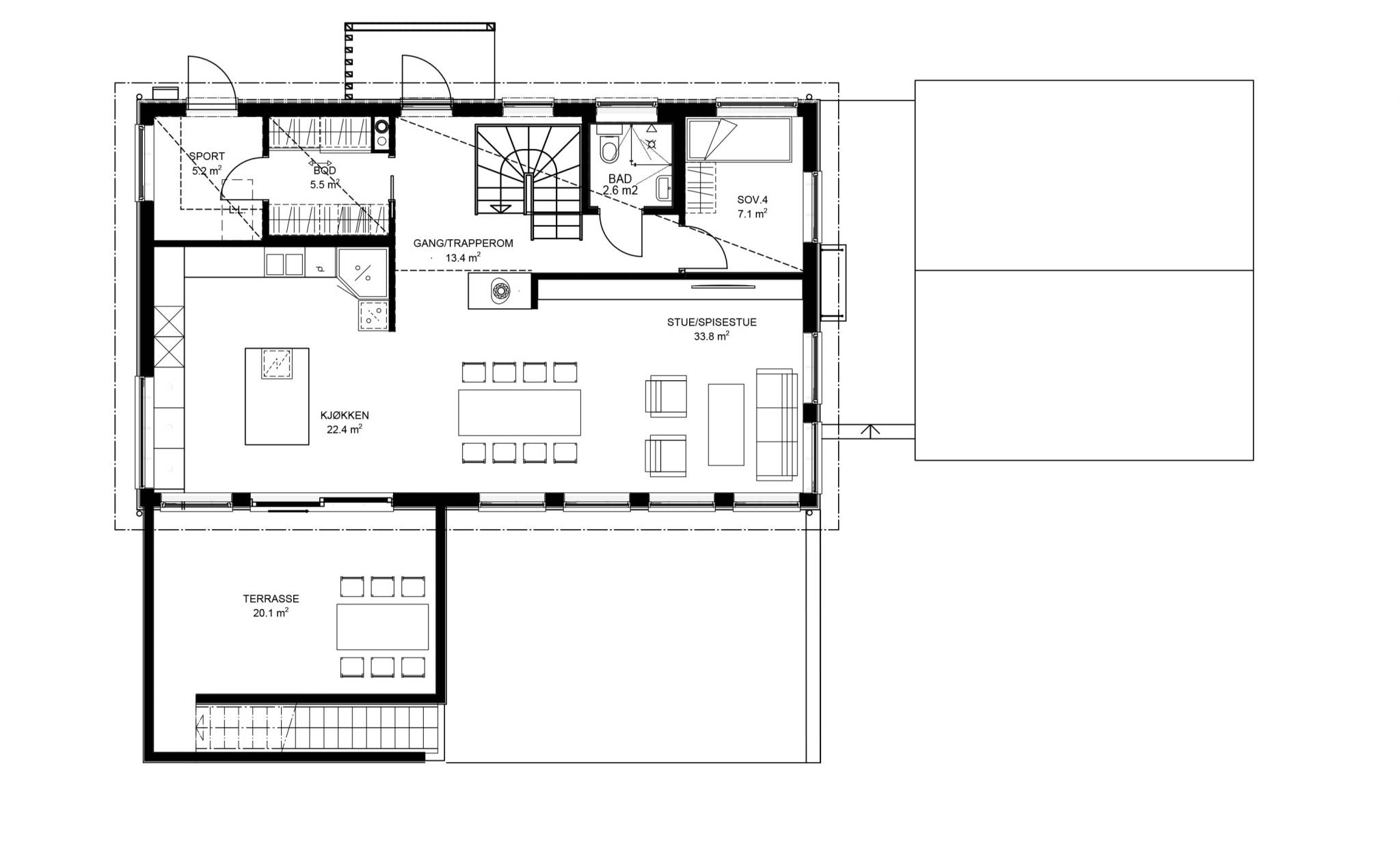 Plantegning av 2. etasje i enebolig bygget av OBOS Block Watne Eneboliger i Vestre Aker, Oslo