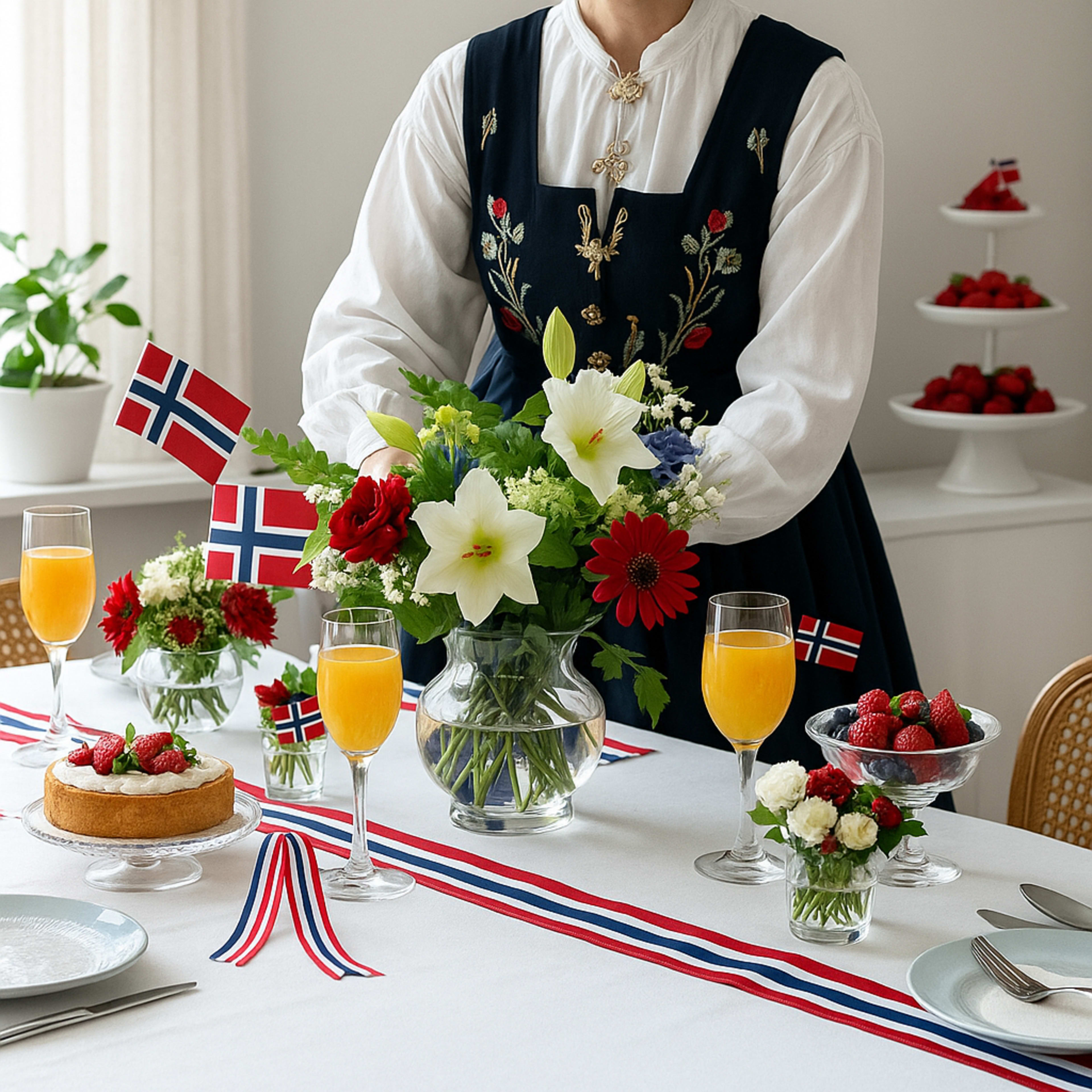 bilde av bord dekket med flagg, blomster, kaker og jordbær med dame i bunad ved siden av