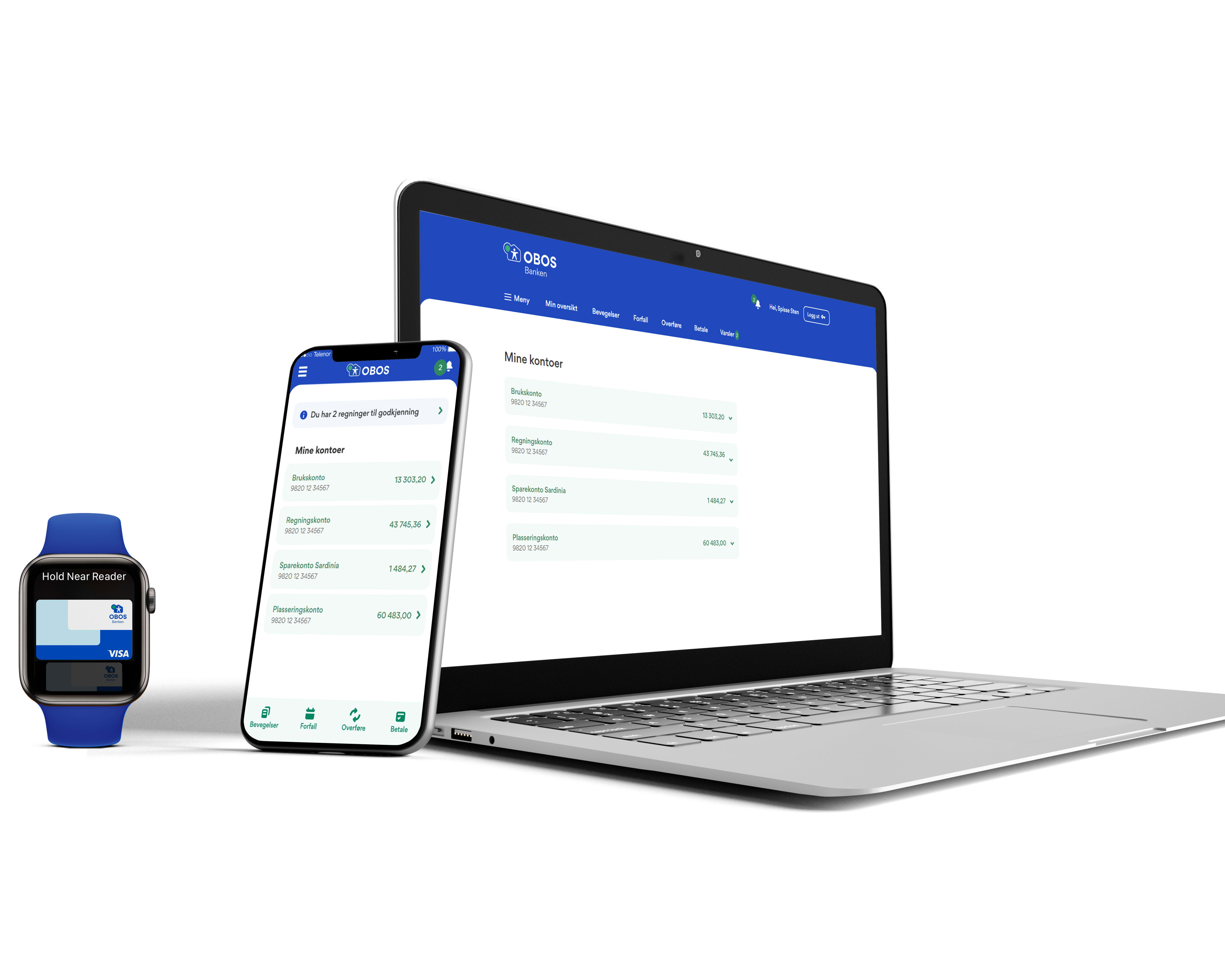 Smartklokke, mobiltelefon og datamaskin, alle tre med skjermbilder som viser en innlogget versjon av OBOS-bankens nettbank
