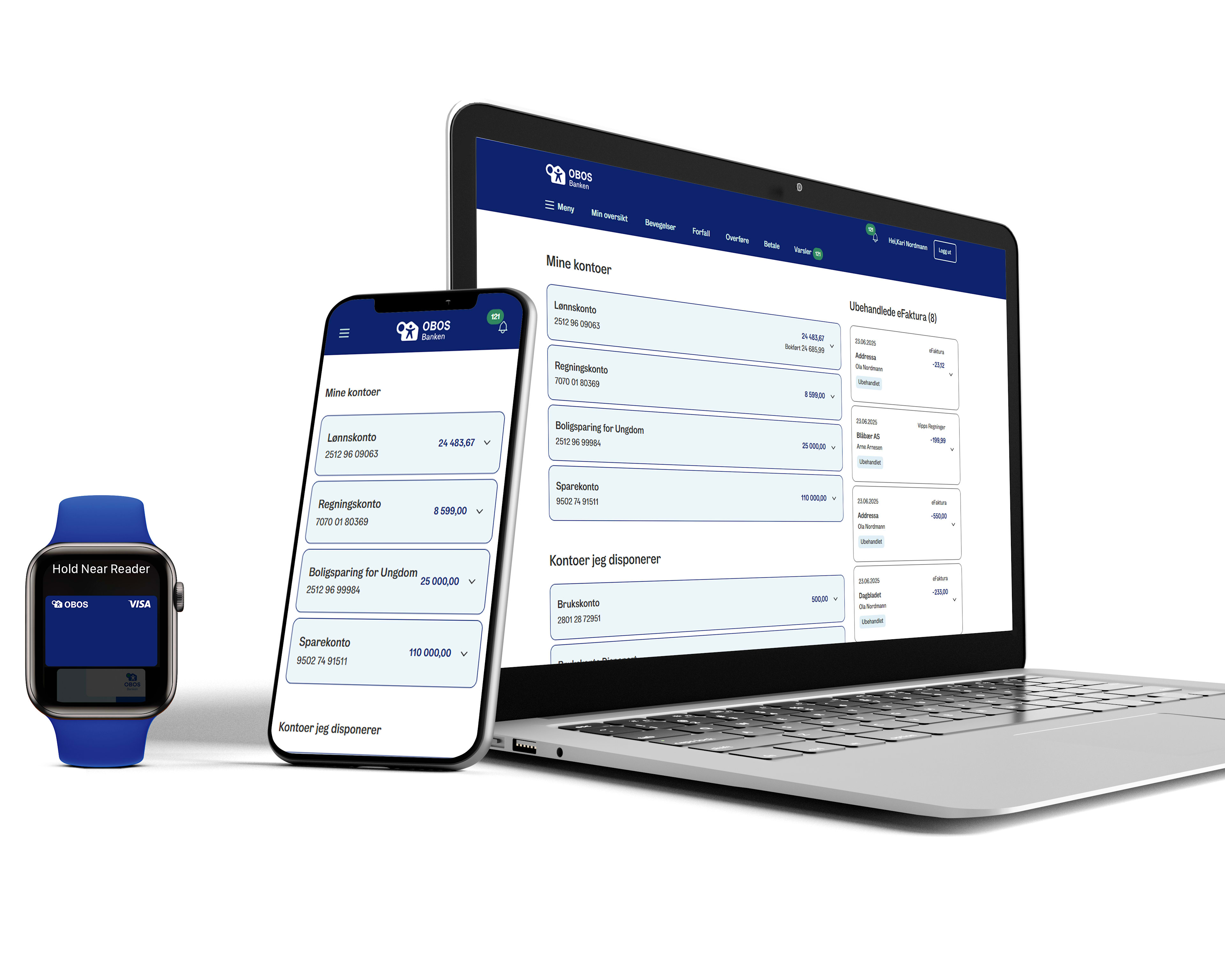 Smartklokke, mobiltelefon og datamaskin, alle tre med skjermbilder som viser en innlogget versjon av OBOS-bankens nettbank