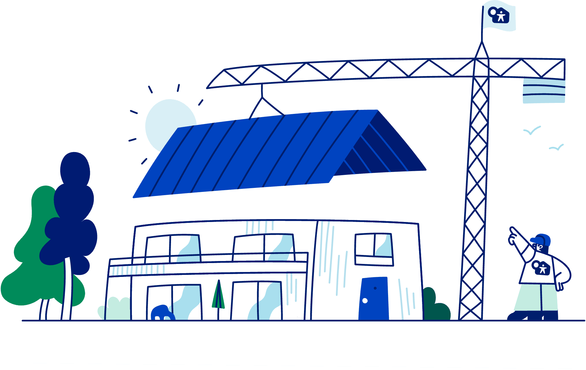 Illustrasjon av et bygg med Mitt bygg logo