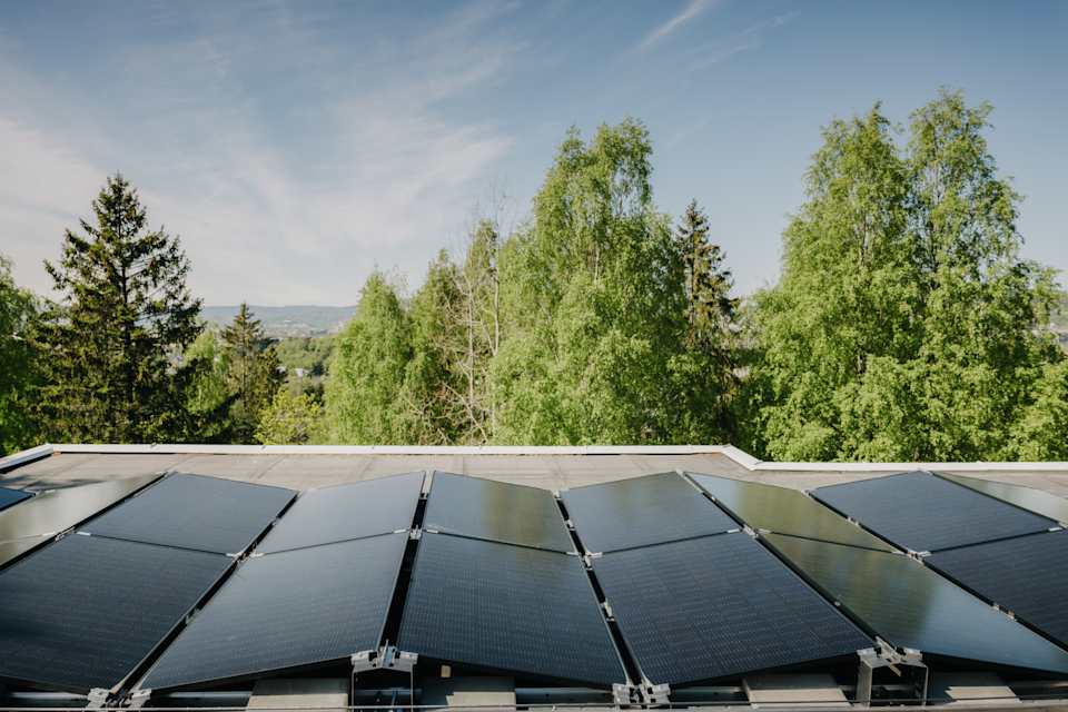 Foto av solceller på rekke og rad på taket til en boligblokk.
