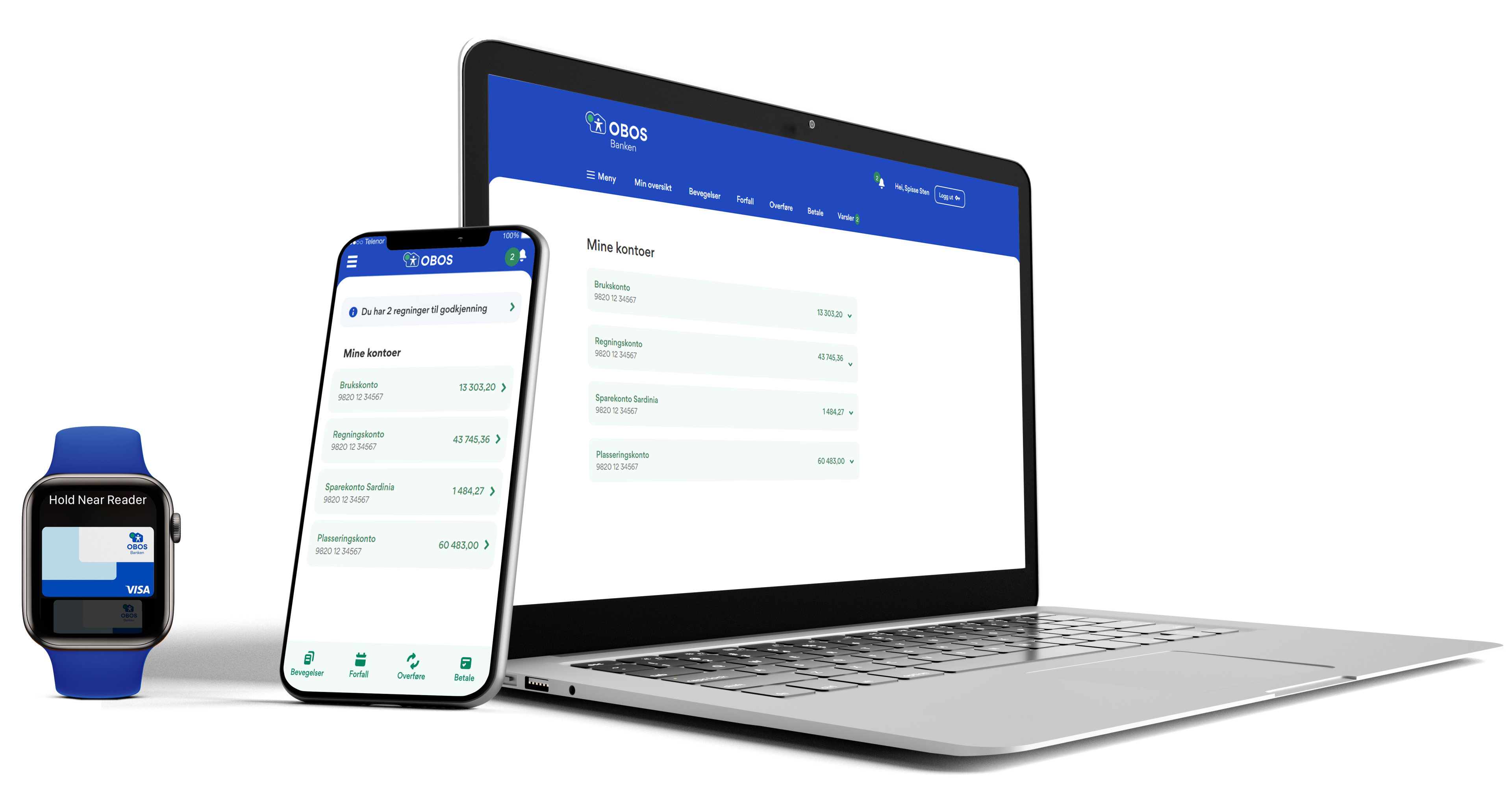 Smartklokke, mobiltelefon og datamaskin, alle tre med skjermbilder som viser en innlogget versjon av OBOS-bankens nettbank