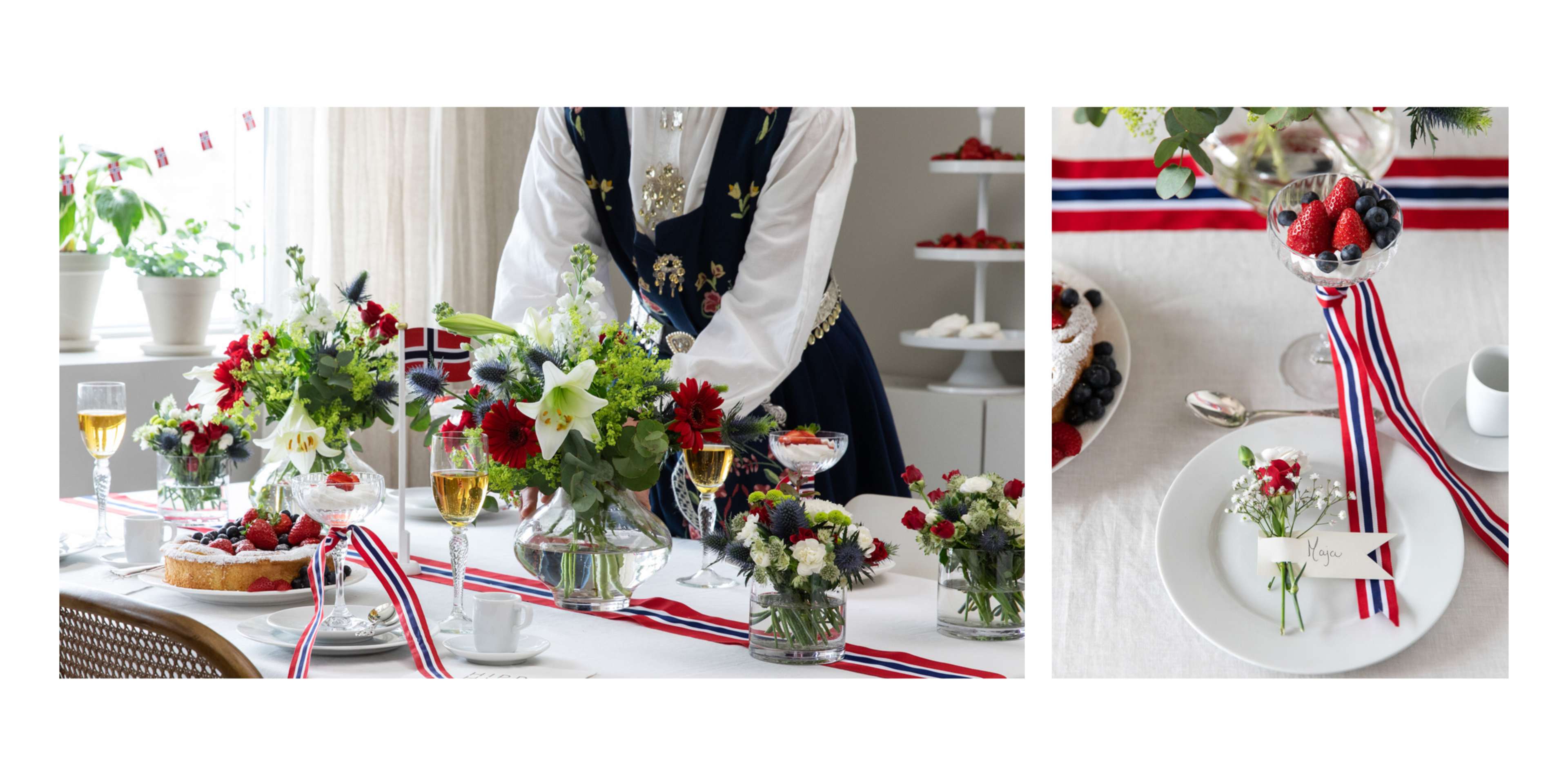 Bilde av et 17.mai-dekket bord med blomster