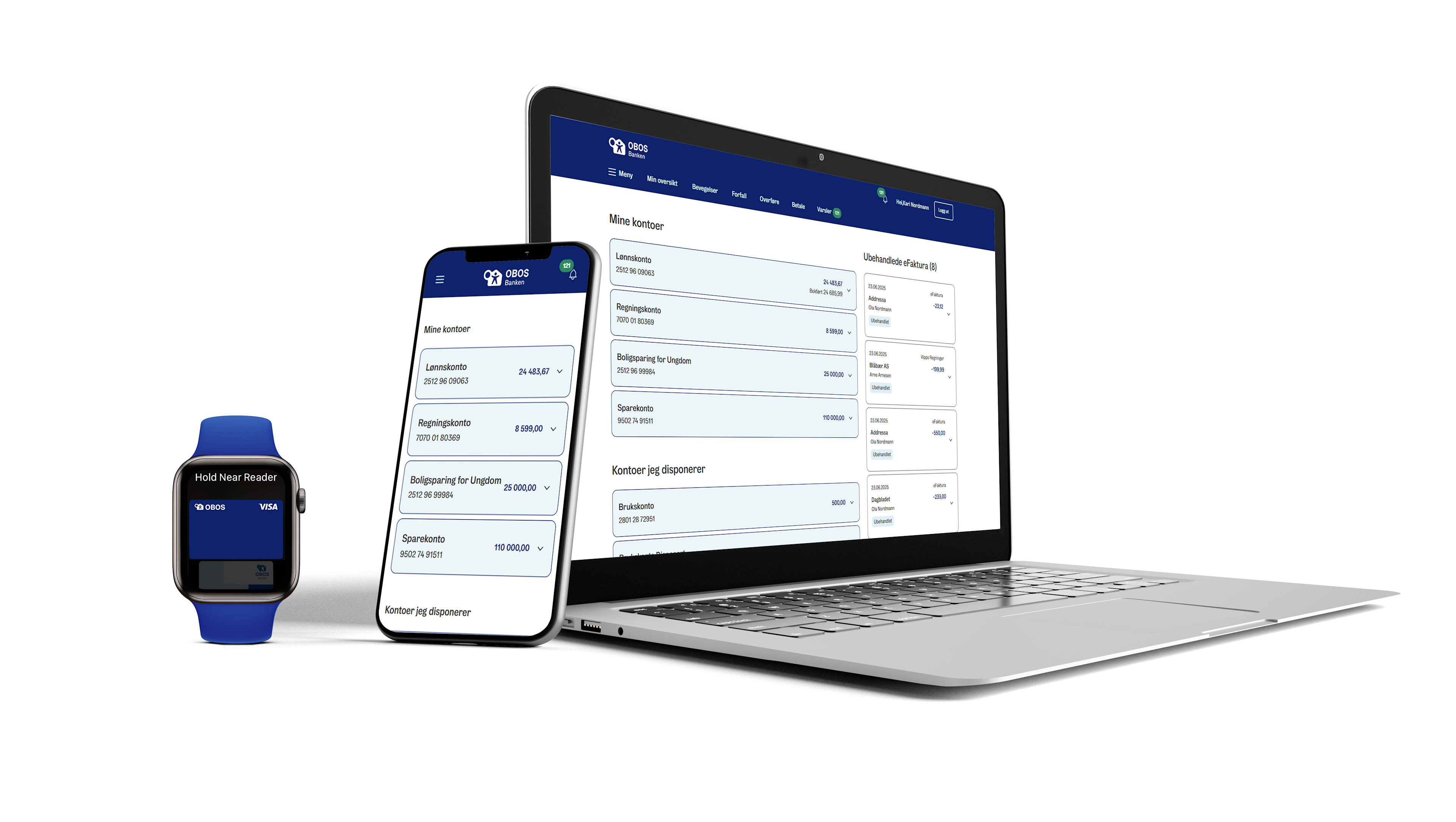 Smartklokke, mobiltelefon og laptop