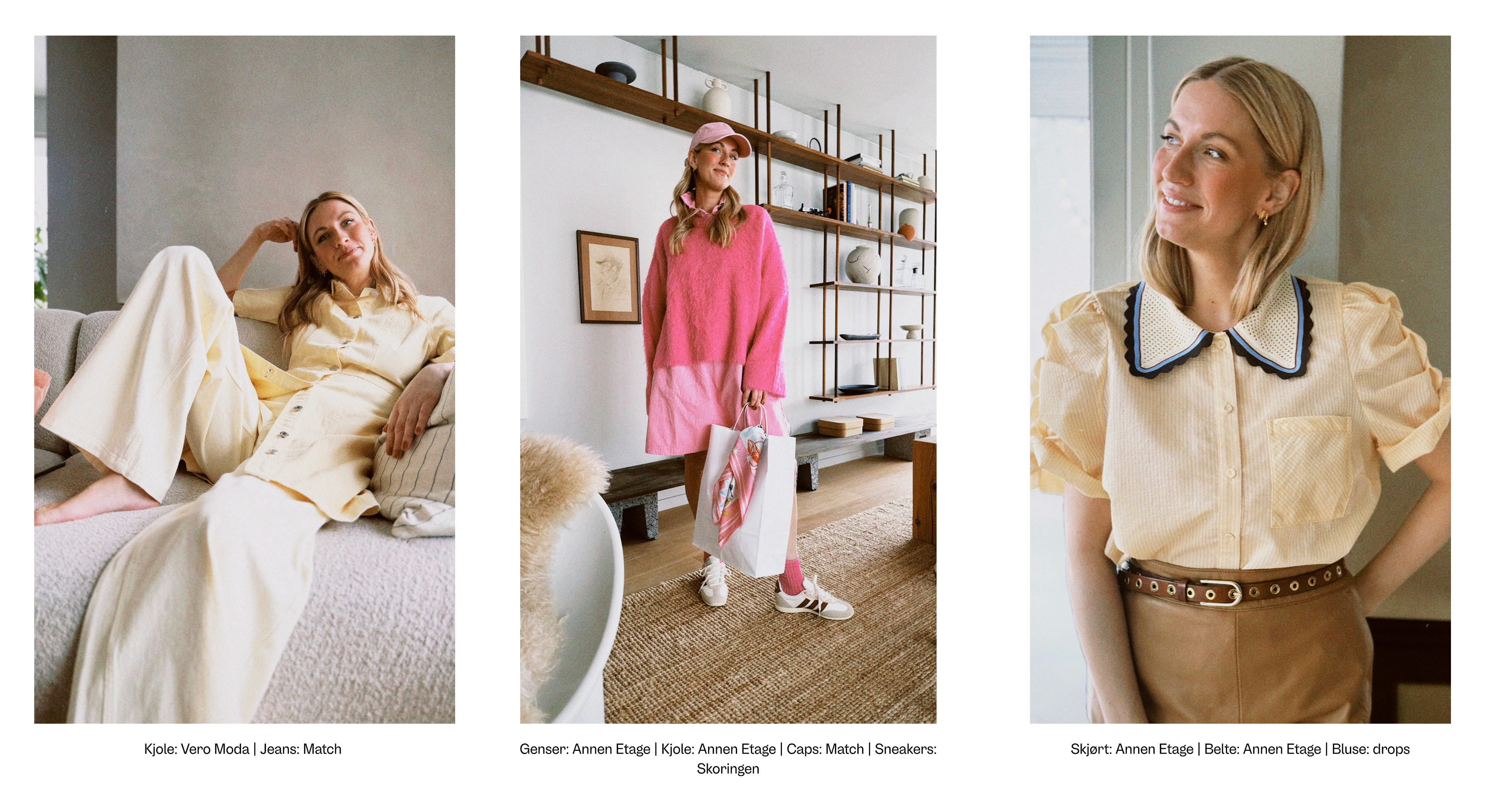 Lyse vårantrekk i gult og rosa med casual og feminin stil.