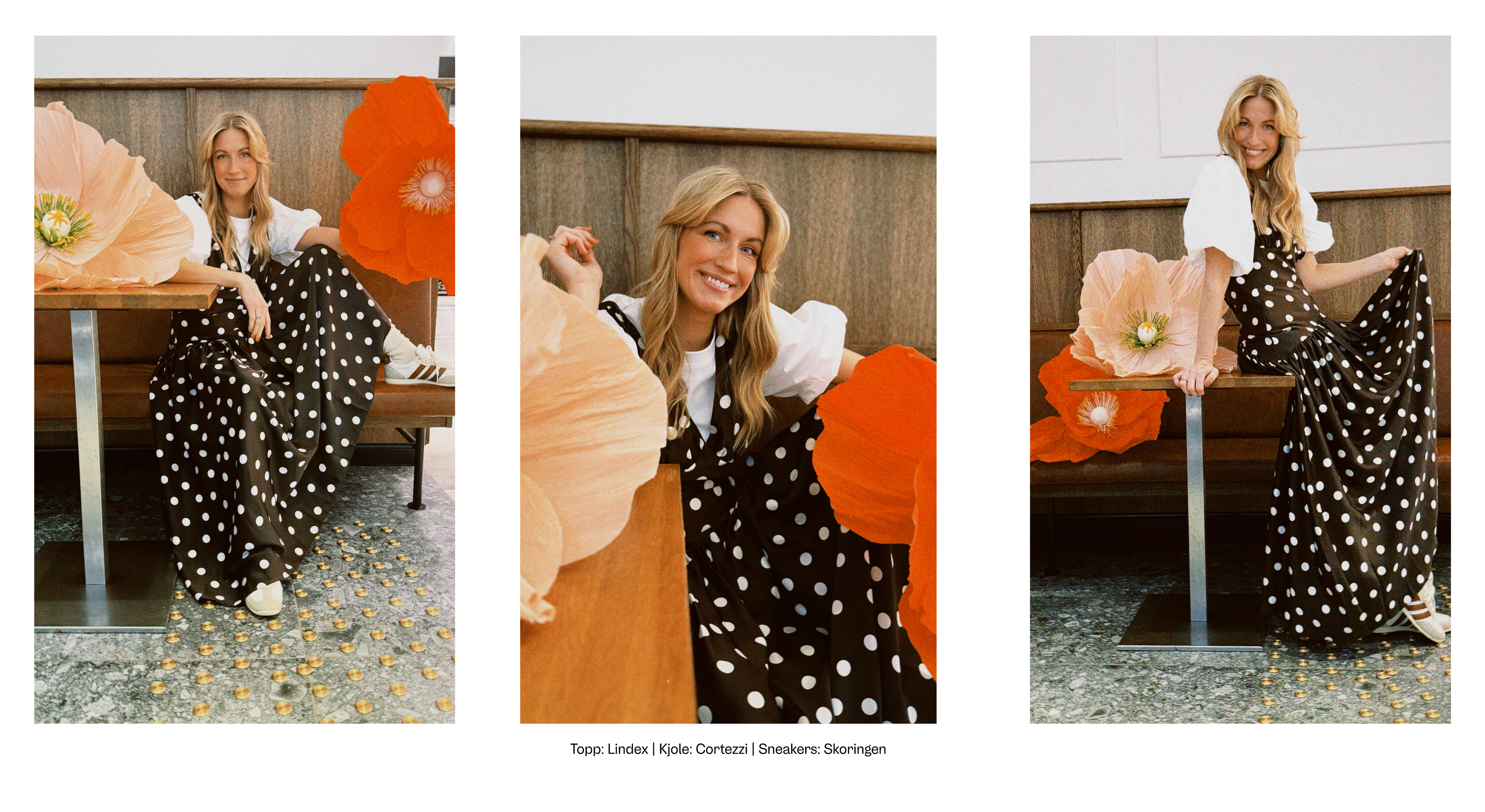 Sort-hvitt prikkete kjole stylet med store blomsterdetaljer.