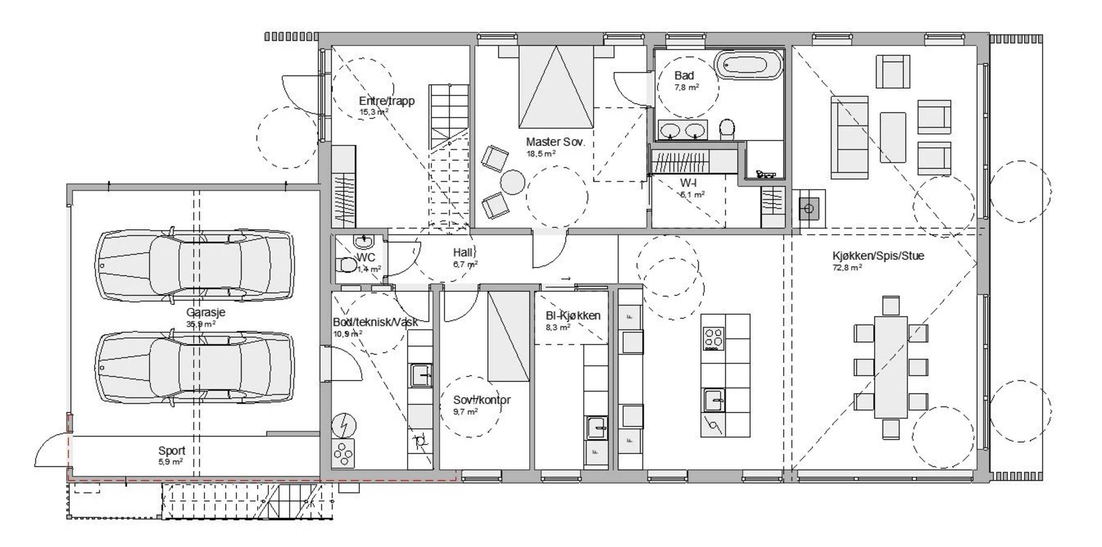 Plantegning av 1. etasje i enebolig bygget av OBOS Block Watne Eneboliger på Manstad, Fredrikstad