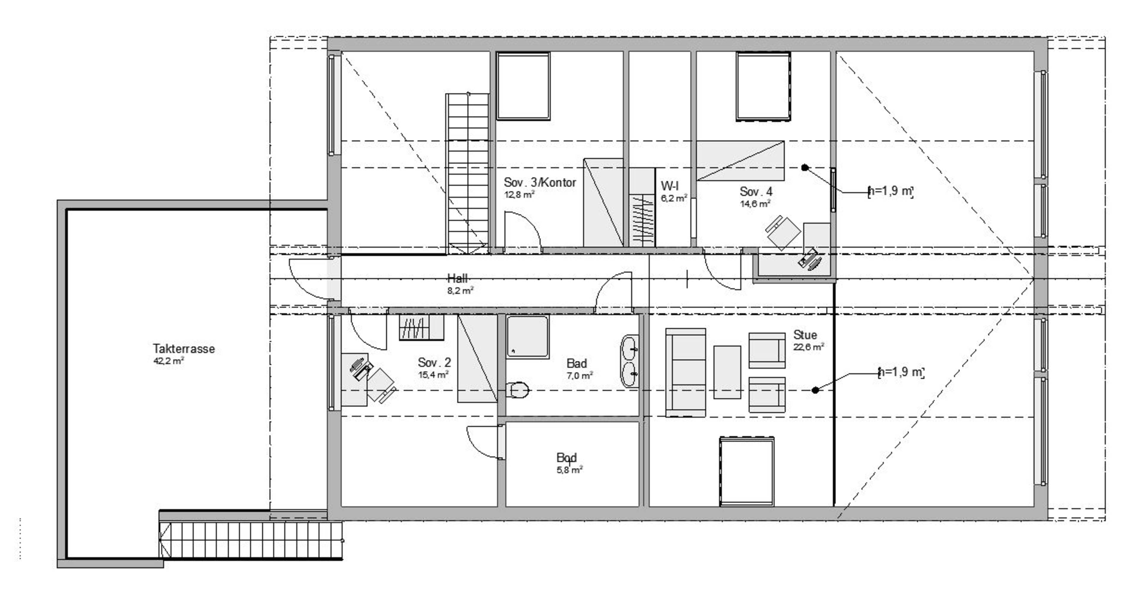 Plantegning av 2. etasje i enebolig bygget av OBOS Block Watne Eneboliger på Manstad, Fredrikstad