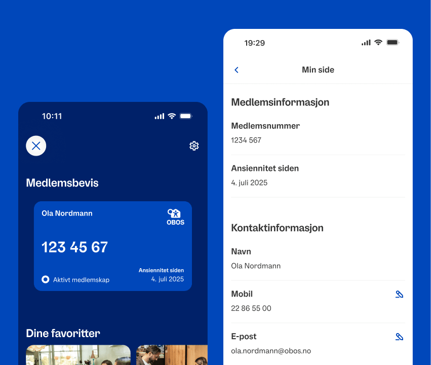 Bilde av medlemsbeviset og innstillinger i obos-appen