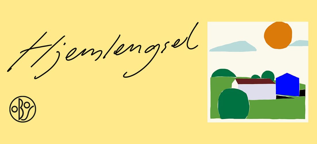 Hjemlengsel skrevet i håndskrift med et frimerkebilde av bygninger