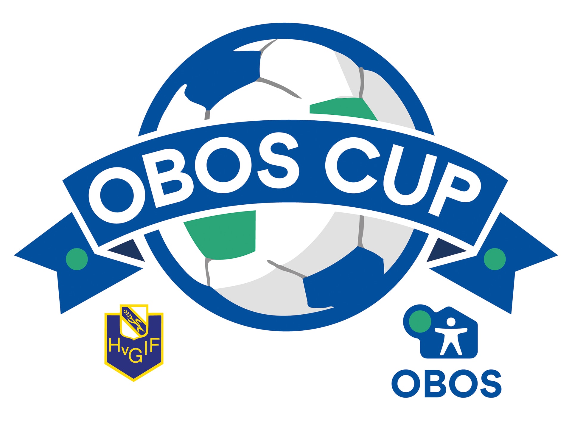 Loggo för OBOS CUP, en fotboll med en banderoll över.