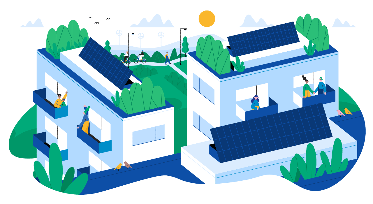 Illustrasjon av flere bygg med solcellpanel og grøntområder rundt.
