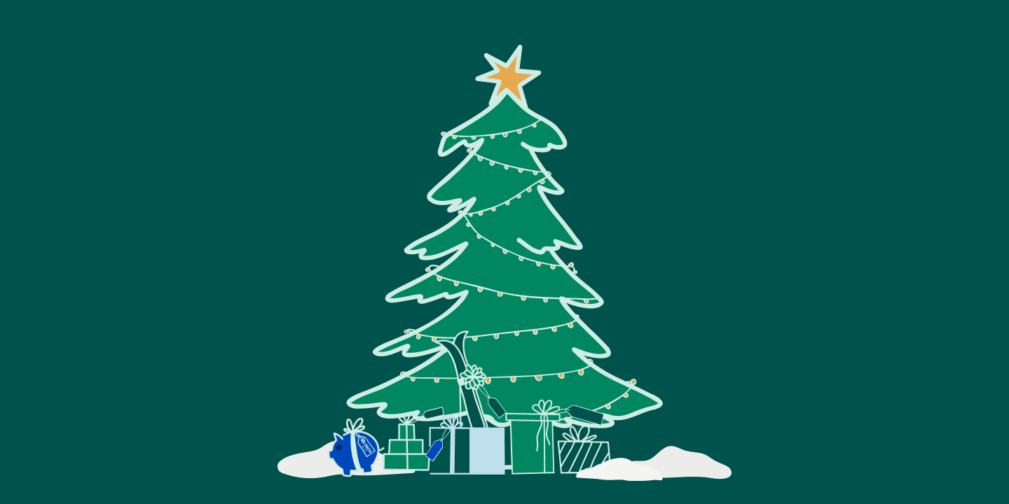 Illustrasjon av et grønt juletre med pakker under og en gul stjerne i toppen.