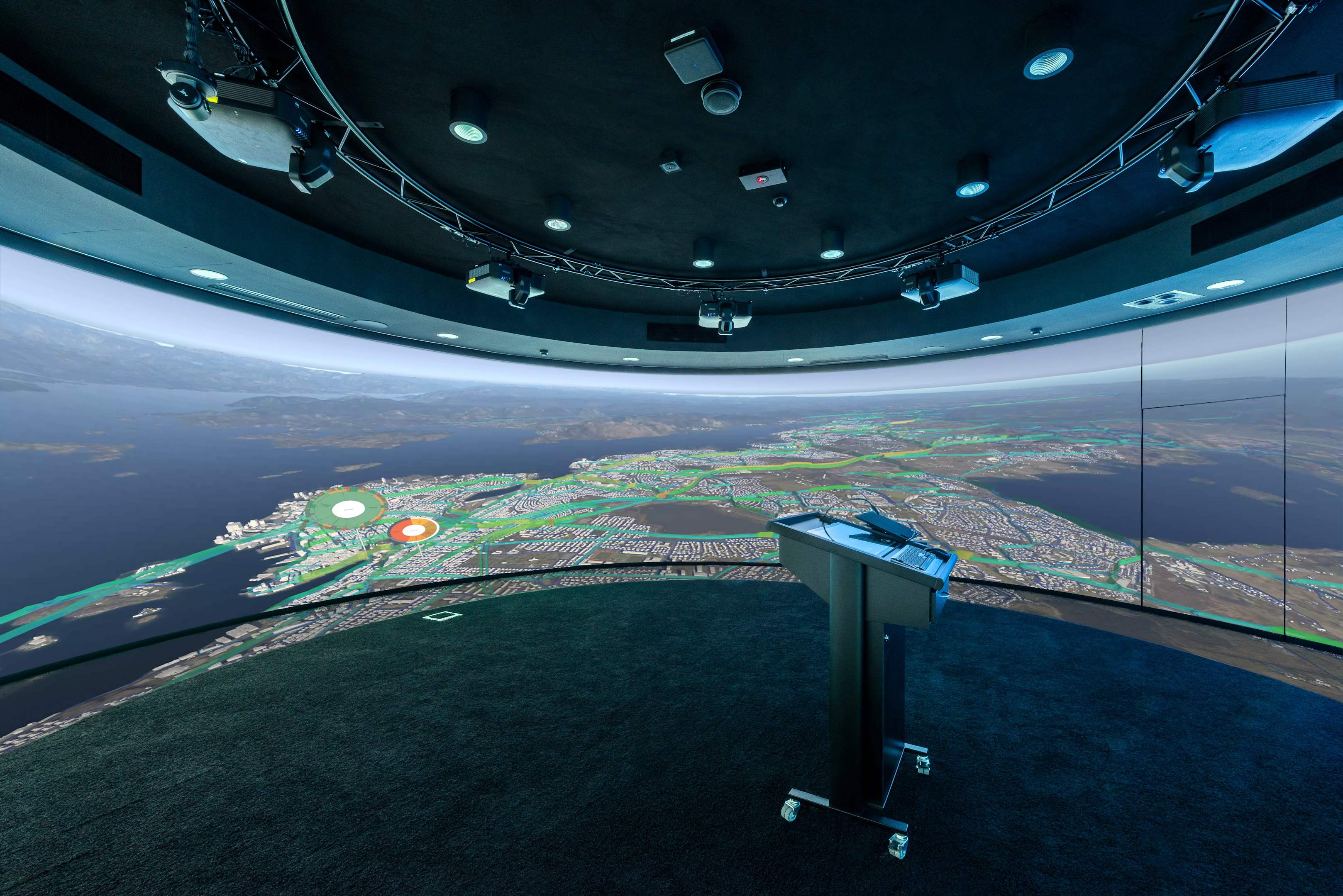 Innsiden av en dome fra Augment CIty som viser 360 graders oversikt over et simulert område