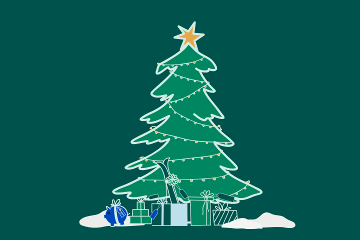 Illustrasjon av et grønt juletre med pakker under og en gul stjerne i toppen.