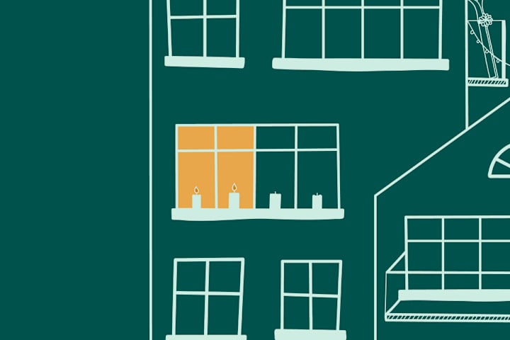 Illustrasjon av et vindu som lyser i en blokk, der to lys er tent i vinduet.